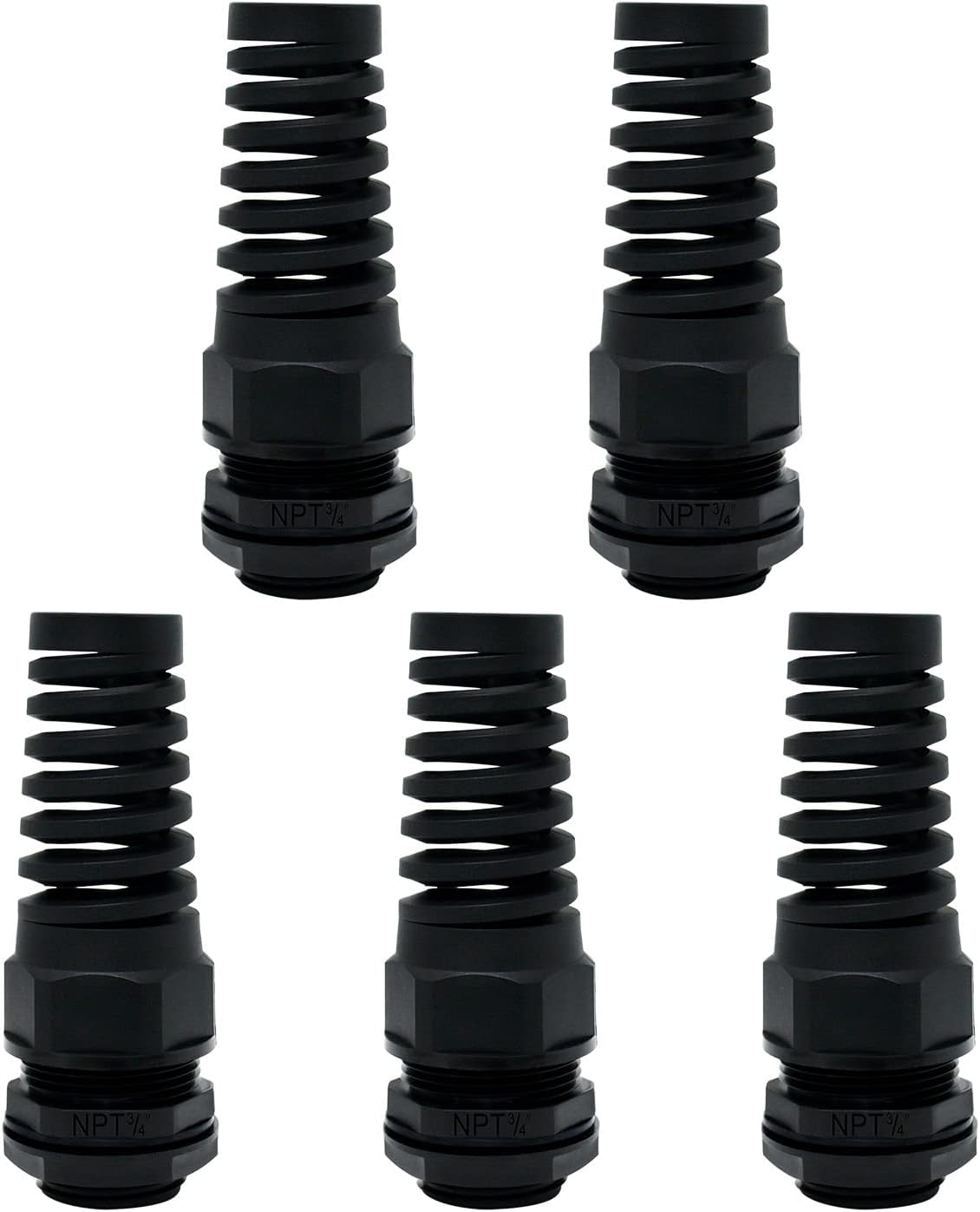 LeMotech 5Pcs NPT 3/4" IP68 Waterproof Cable Gland Flex Spiral Strain Relief Black Nylon Joint with Gaskets for 13-18mm Wire Thread