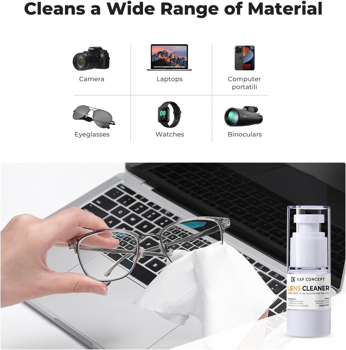 K&F CONCEPT Spray and Microfiber Lens Cleaner Care Kit, Non-Flammable Camera Lens Cleaner and Digital Sensor Cleaning Solution,for Coated Lenses, Binoculars, Scopes, Cameras, and Glasses