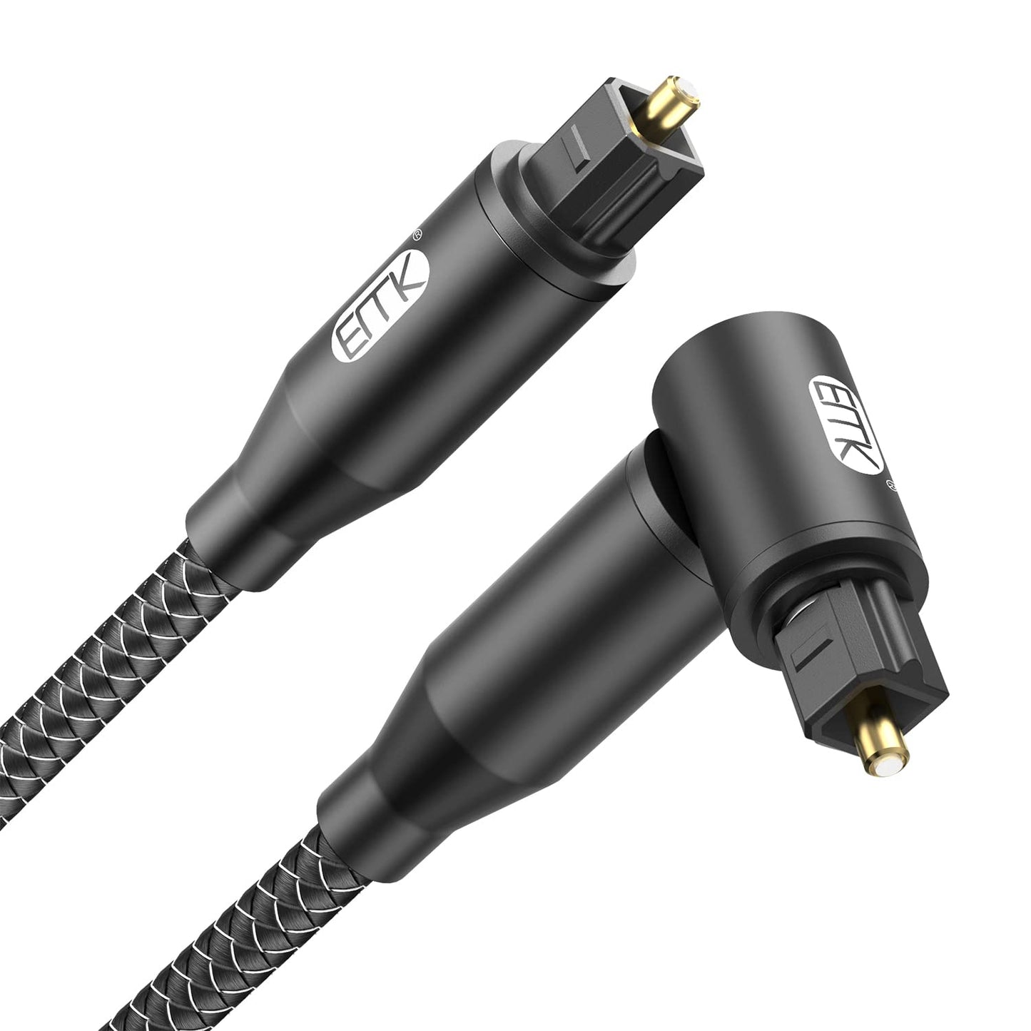EMK 90 Degree Right Angle Optical Audio Cable [6ft/2M] - 360° Rotatable Digital Toslink SPDIF Cable for Soundbar to TV, Home Theater - Black Fiber Optic Cable with Angled Connector