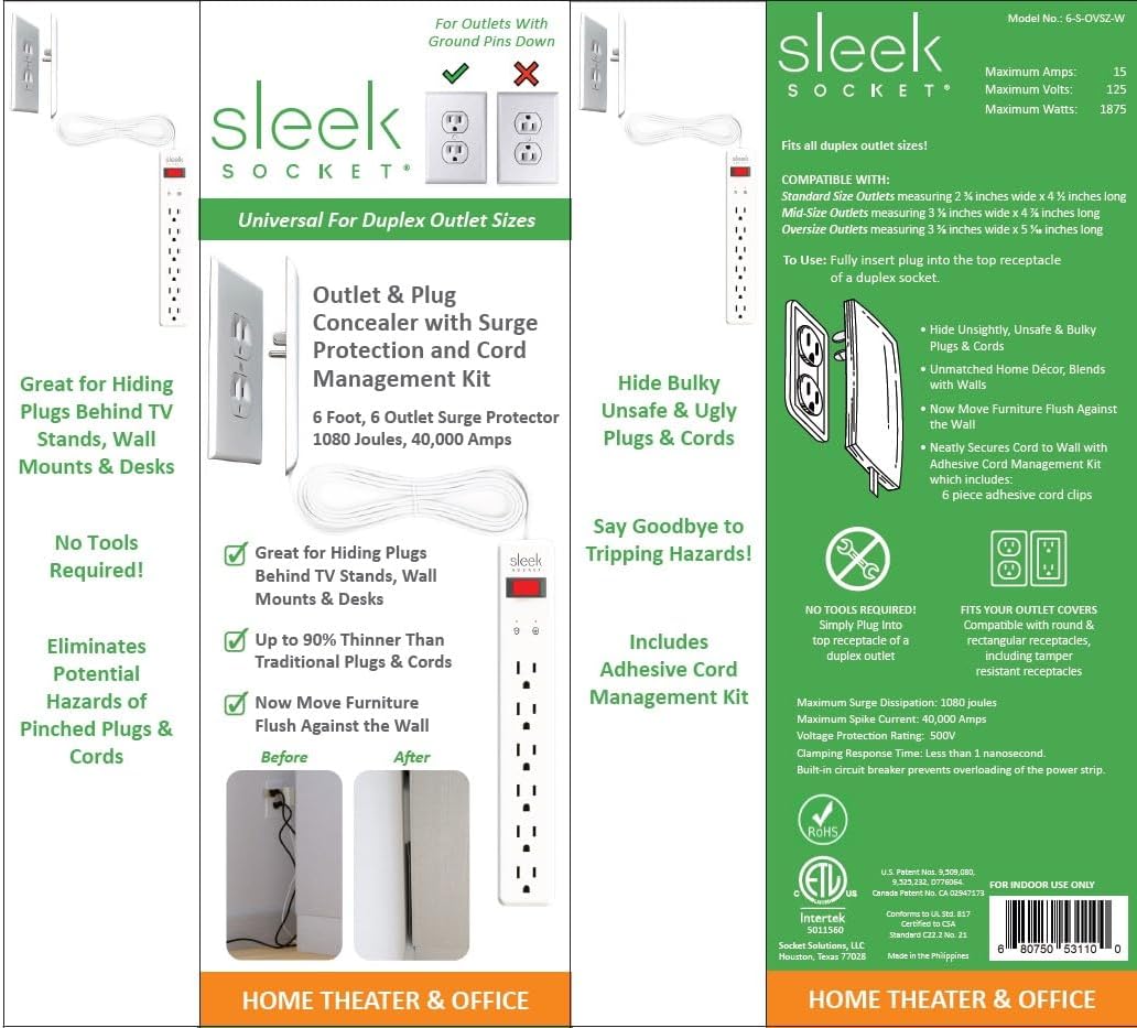 Sleek Socket Original & Patented Ultra-Thin Outlet Concealer with Cord Concealer Kit, Flat Extension Cord with Multi Outlets Surge Protector Power Strip, Ideal for Home Office and Home Theater