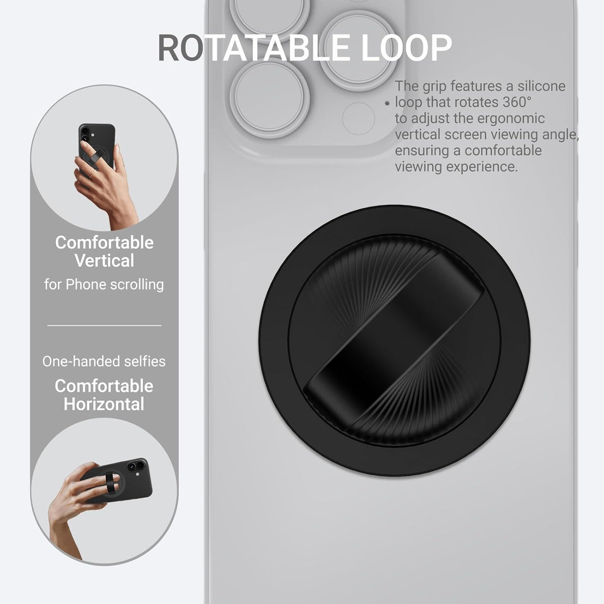 Grat 3 Lite Magnetic Phone Loop, [Nylon-core Silicone Strap] 360° Rotatable Phone Grip, Detachable Finger Holder Compatible with Magsafe for iPhone 16 15 14 13 12 Pro/max, Black