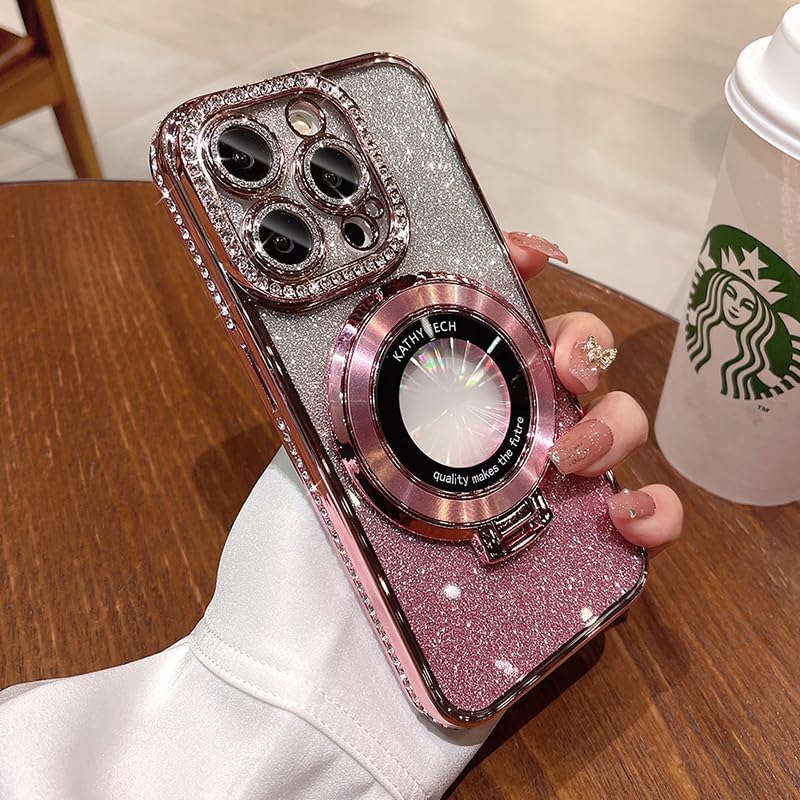 Magnetic Kickstand (Glitter Lens Protector ) Case for IPhone 15 14 13 12 Pro Max (Compatible with Magsafe ) Sparkling Diamond Cover Glitter Shiny Rhinestone Cases (Pink,for iPhone 14 Pro)