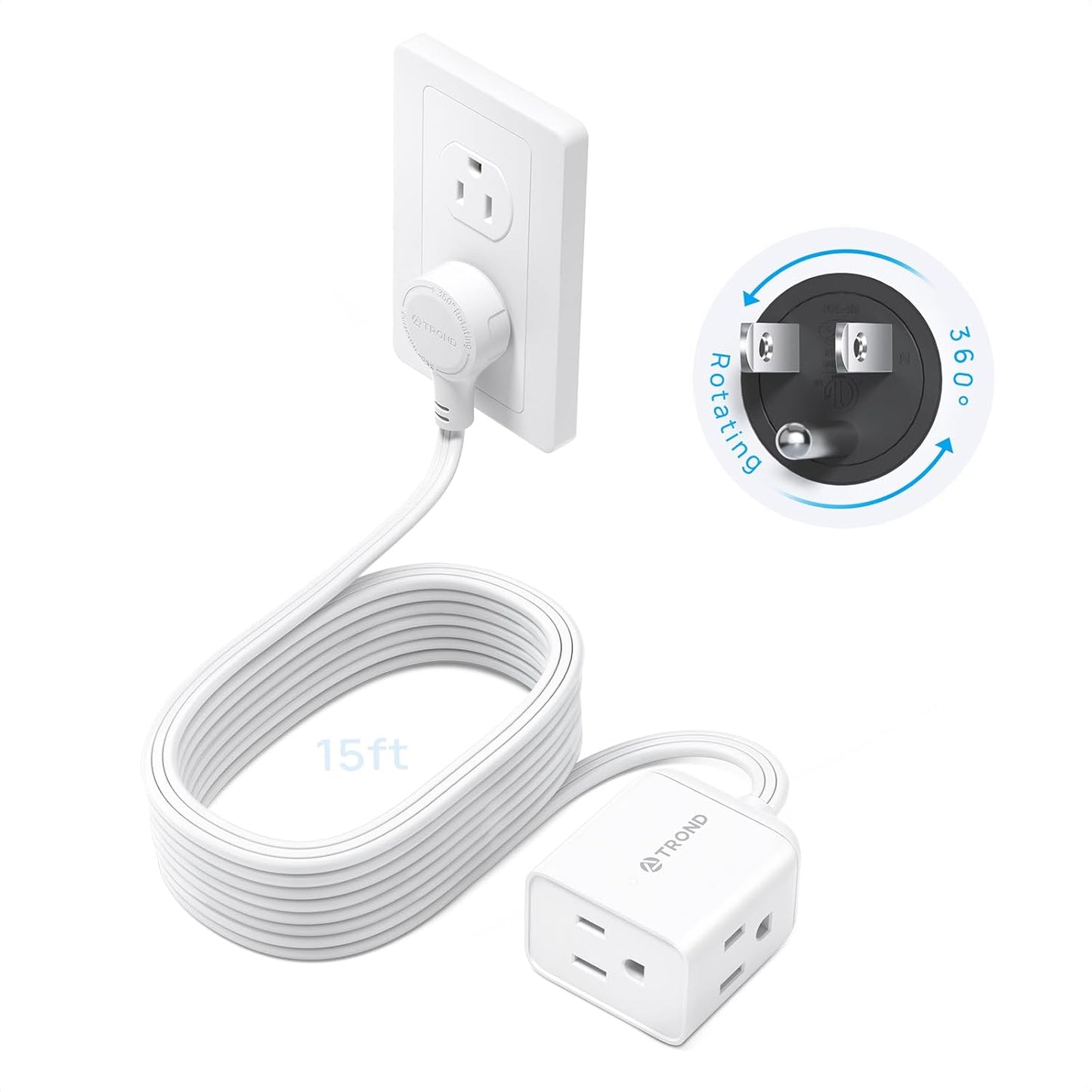 TROND Flat Extension Cord 15ft with 360° Rotating Plug, Low Profile Small Power Strip, 3 Prong Grounded Outlets Cube, 13A, SPT 16/3 AWG Cable, for Indoor Home Office Kitchen Cruise Essentials, White