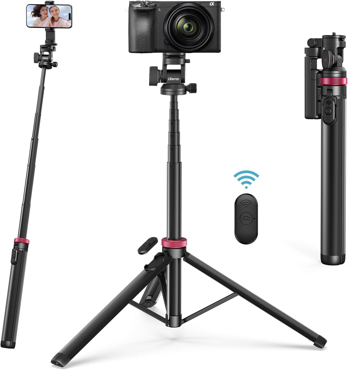 ULANZI MT-78 Extendable Phone Tripod, Metal 72.83" Selfie Stick Camera Tripod Stand with 2 in 1 Phone Clip, 360° Ball Head Camera Tripod with Cold Shoe for iPhone Sony Canon, Lightweight for Travel