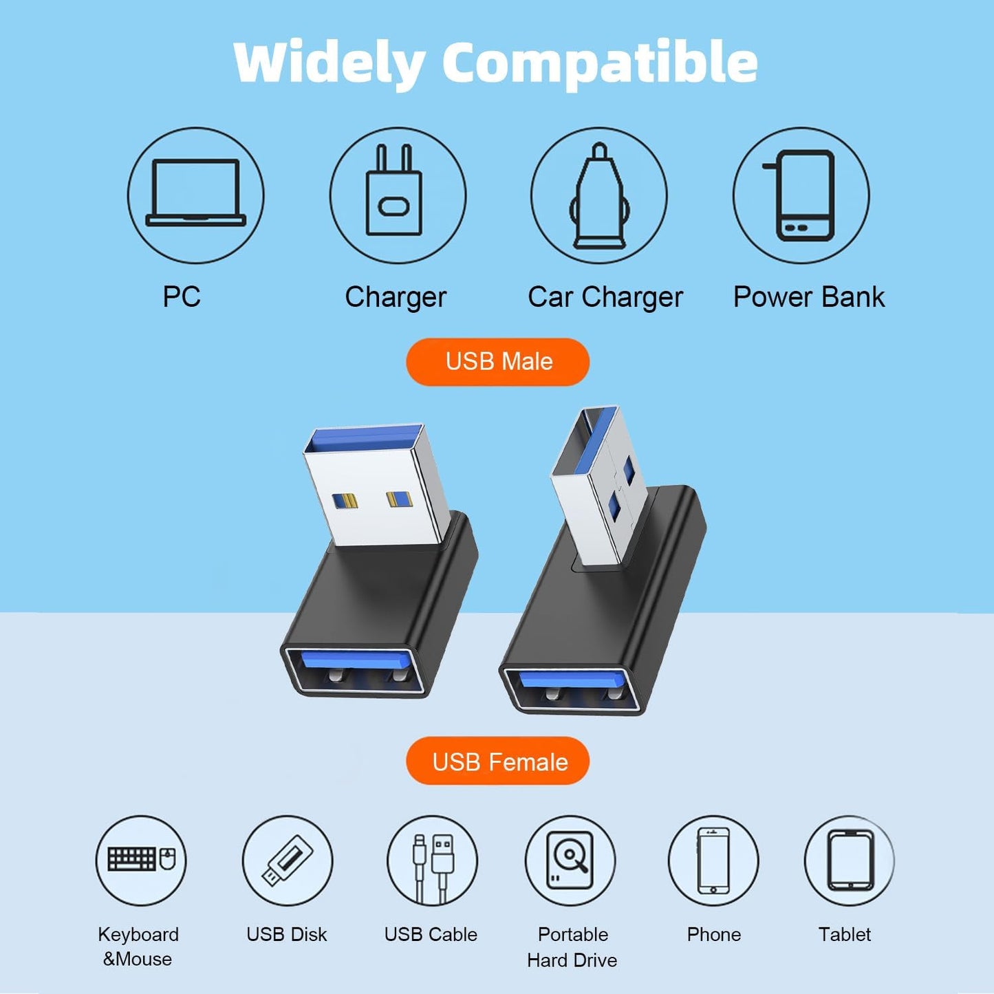 AreMe 90 Degree USB 3.0 Adapter 4 Pack, Up and Down Angle, Left and Right Angle USB A Male to Female Converter Extender for PC, Laptop, USB A Charger, Power Bank and More (Black)