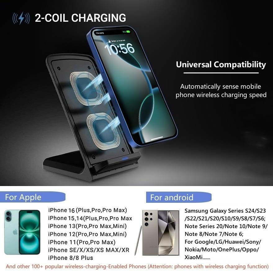 20W Fast Wireless Charger,Wireless Charging Stand Compatible with iPhone 16,16 Pro,15,14,13,12,11 Series/X/XS,Phone Charger for Galaxy S25/S24/S23/Note,Pixel/LG (No Plug)