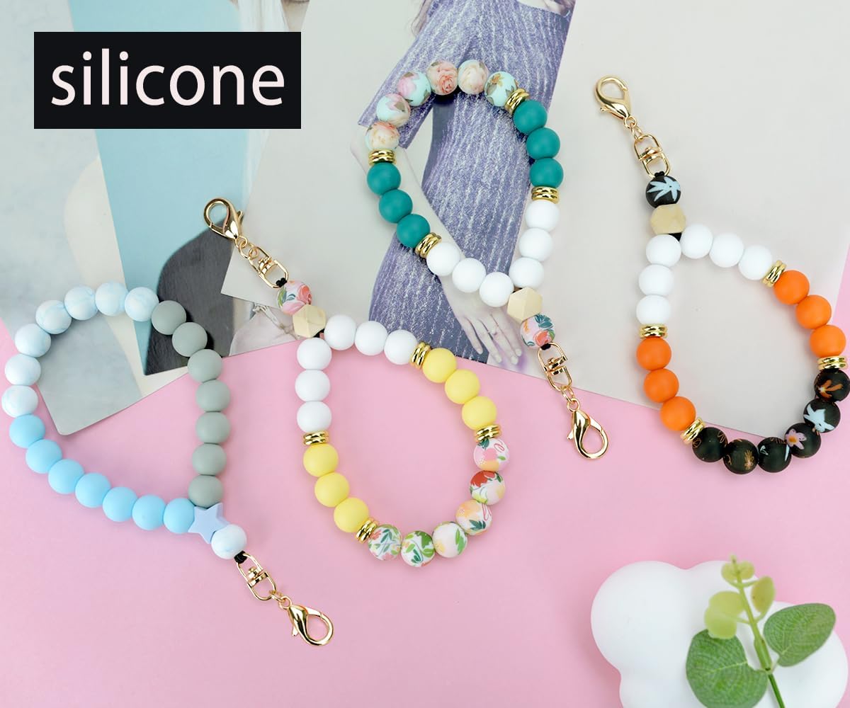 Marble Silicone Beaded Phone Wrist Strap, Cellphone Lanyard with Tether Tab, Elastic Hands-Free Wristlet Bracelet