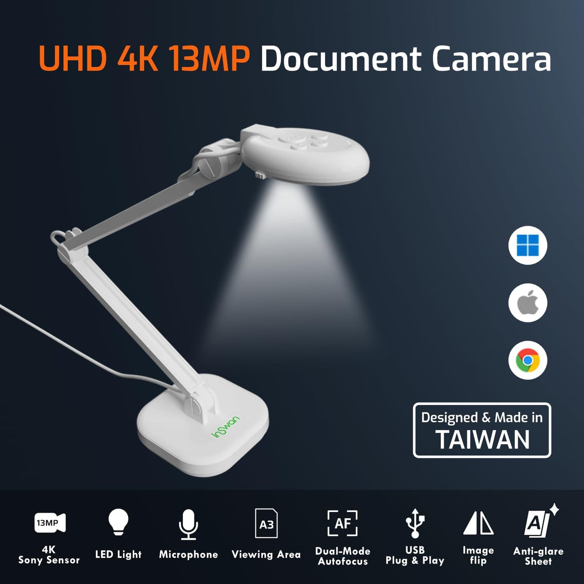 INS-2 4K USB 13MP Document Camera with Auto Focus, LED Light, Mic, A3-Size Capture, Compatible with MacOS, iPadOS, Windows, Chromebook for Remote Teaching, Web Conferencing