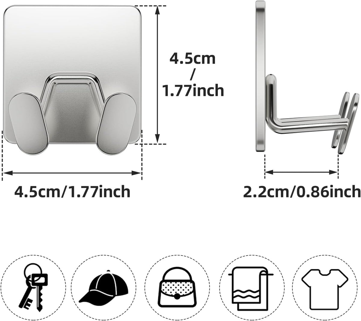 Adhesive Shower Hooks for Inside - Extra Sticky Stainless, Razor Holder Shower Accessories, Wall Mounted Self-Adhesive Double Hooks for Razor, Loofah, Towel, Shaver, Coat, Key, Silver, 4-Pack