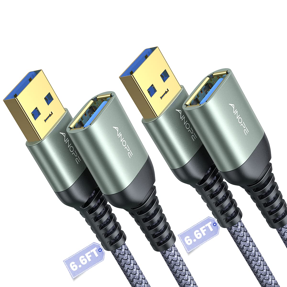 AINOPE 2 Pack USB Extensions Cable High Speed USB 3.0 Extension Cord Type A Male to Female Sturdy Braided Material Fast Data Transfer Compatible with USB Keyboard,Mouse,Flash Drive,Grey,6.6FT+6.6FT