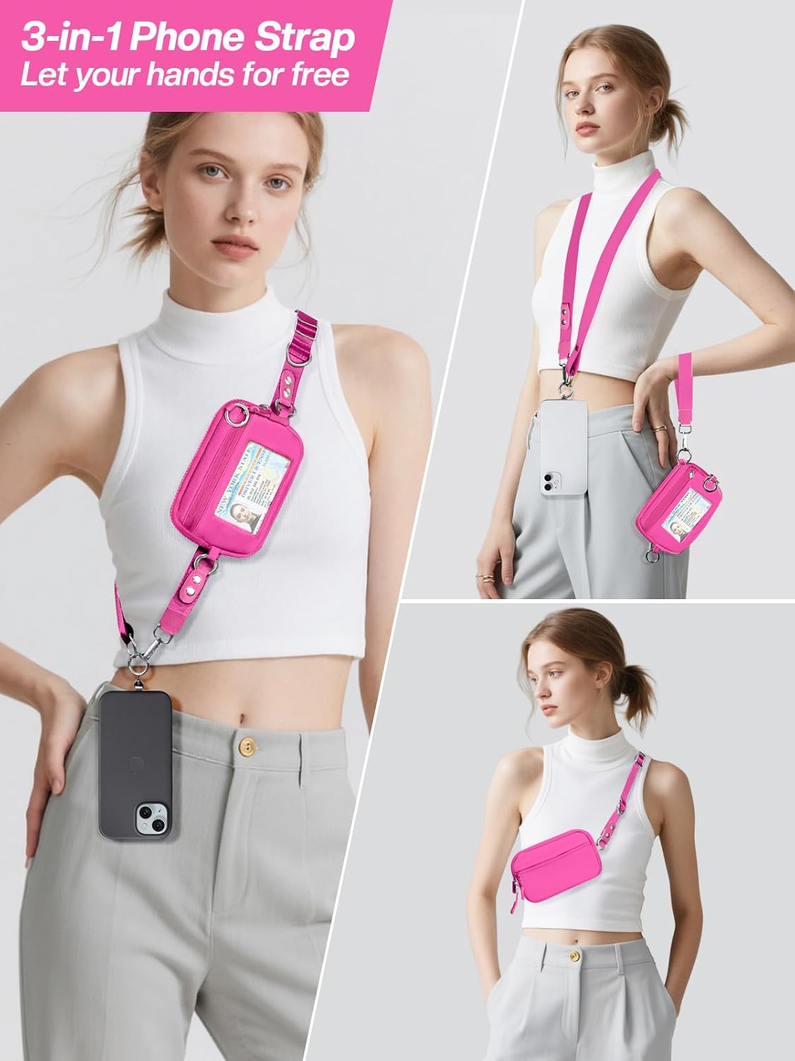 Clip and Go Strap for Phone with Wallet Crossbody Phone Lanyard Adjustable and Detachable RFID Wristlet Wallet with ID Window and Zipper, Hot Pink