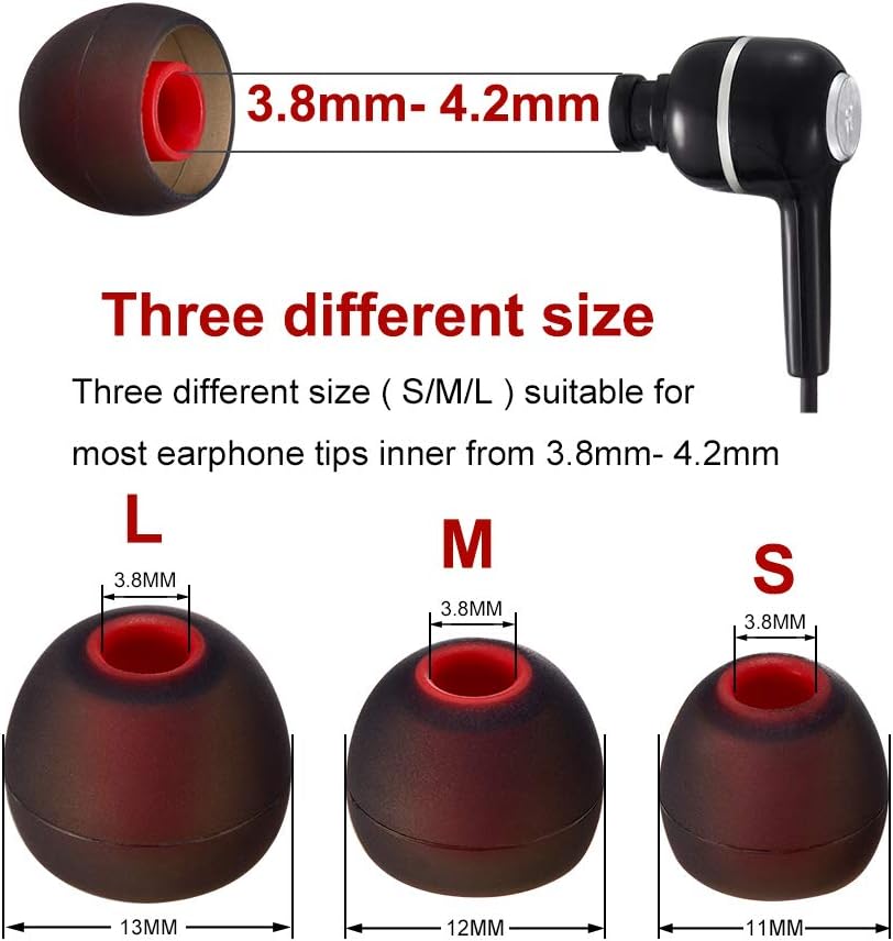 Earbud Tips Soft Silicone Earbuds Replacement Tips Fit for in-Ear Headphones(Inner Hole from 3.8mm - 4.2mm Earphones) 9 Pairs S/M/L,Black/Red