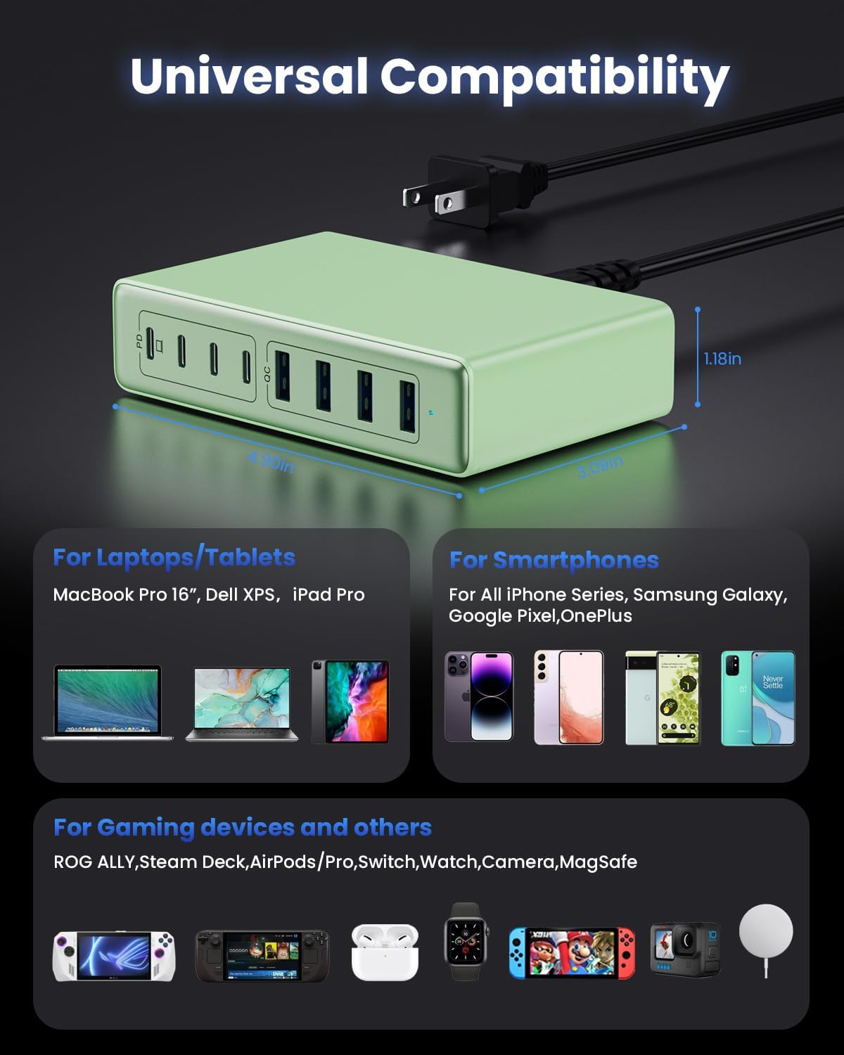 105W USB C Charger Block,8-Ports GaN III Fast Charging Station Hub,QC4.0+PD 65W Laptop Charger Wall Chargers Power Adapter for MacBook Pro/Air,DELL,Steam Desk,iPhone 16/15,iPad,Galaxy S25,Pixel-Green