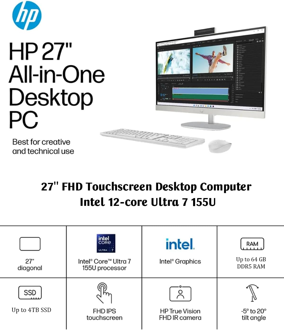 HP All-in-One Desktop - 27'' FHD Touchscreen Computer, Windows 11 Pro, Intel 12-core Ultra 7 155U(Beats i7-1355U), Wi-Fi 6, Bluetooth, Adjustable Height, Anti-Glare (64GB RAM | 2TB SSD)
