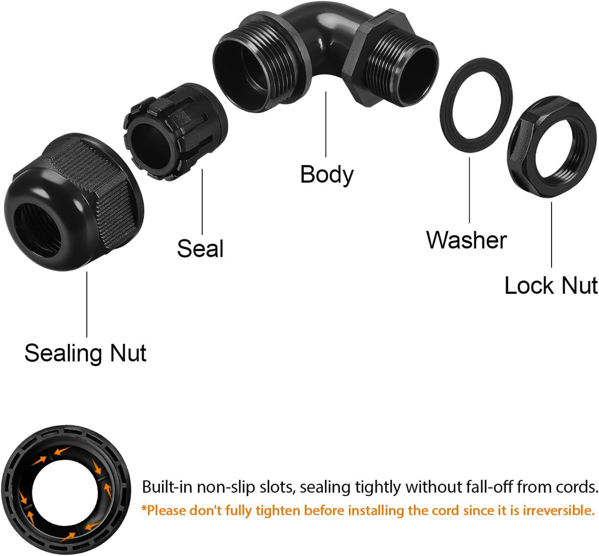 LeMotech M20 Cable Gland, 90 Degree Adjustable 9-14mm Strain Relief, Cord Connectors Nylon Joints with Gaskets, 6 Pcs, Black