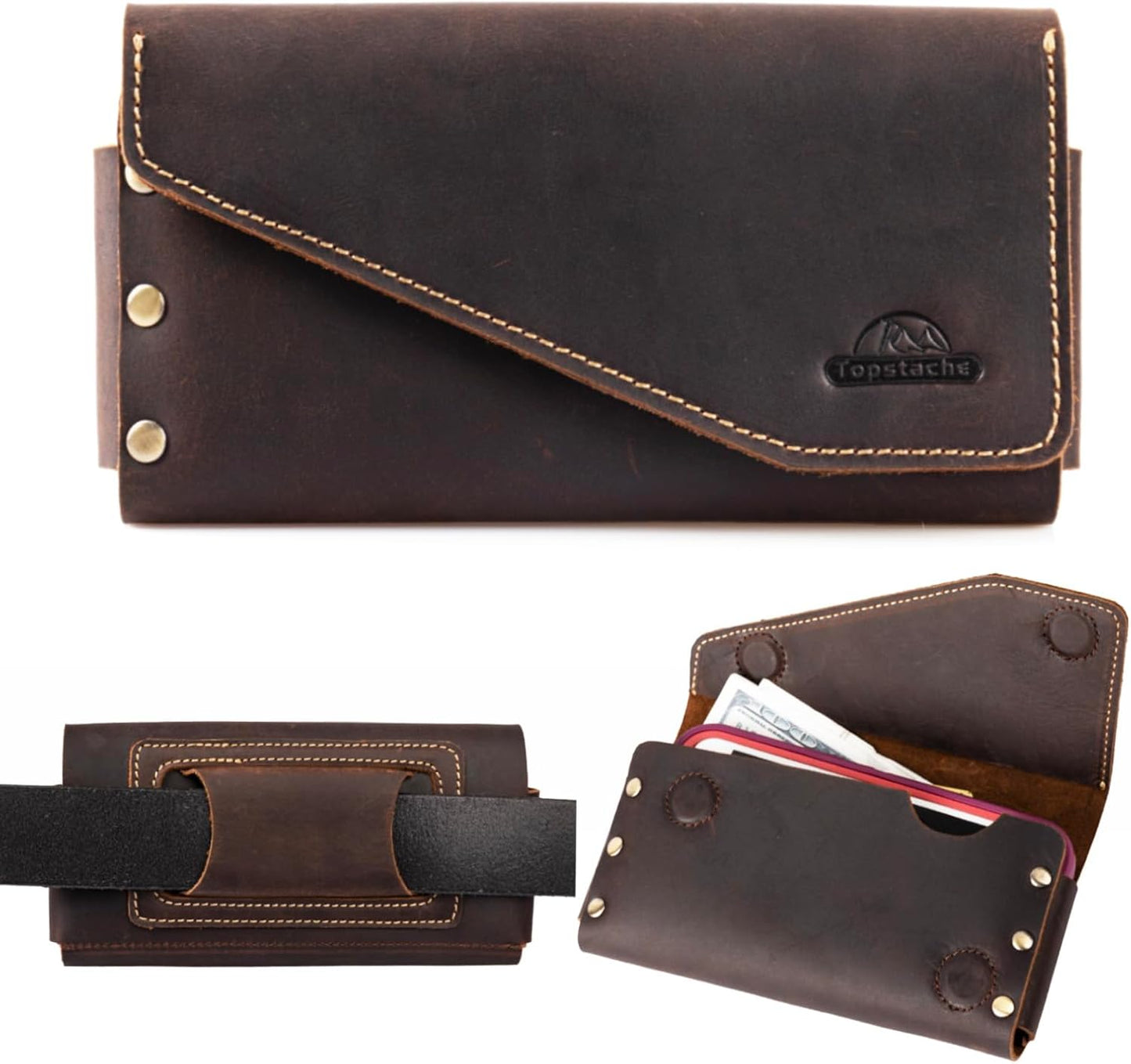 Topstache Leather Phone Holster with Belt Loop, Magnetic Closure Cell Phone Pouch Card Holder Wallet, Handmade Holder for iPhone 13 Pro Max, S22 Ultra, Dark Brown