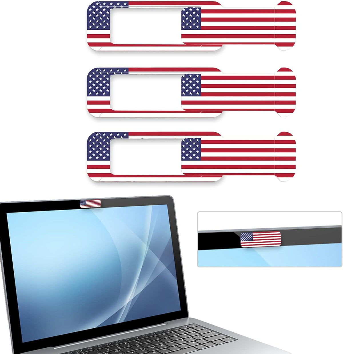 Webcam cover, 3 pieces, laptop camera cover, privacy shielding capacity is twice as big as the traditional, suitable for computer mobile phones, laptops, tablets and so on (American flag)