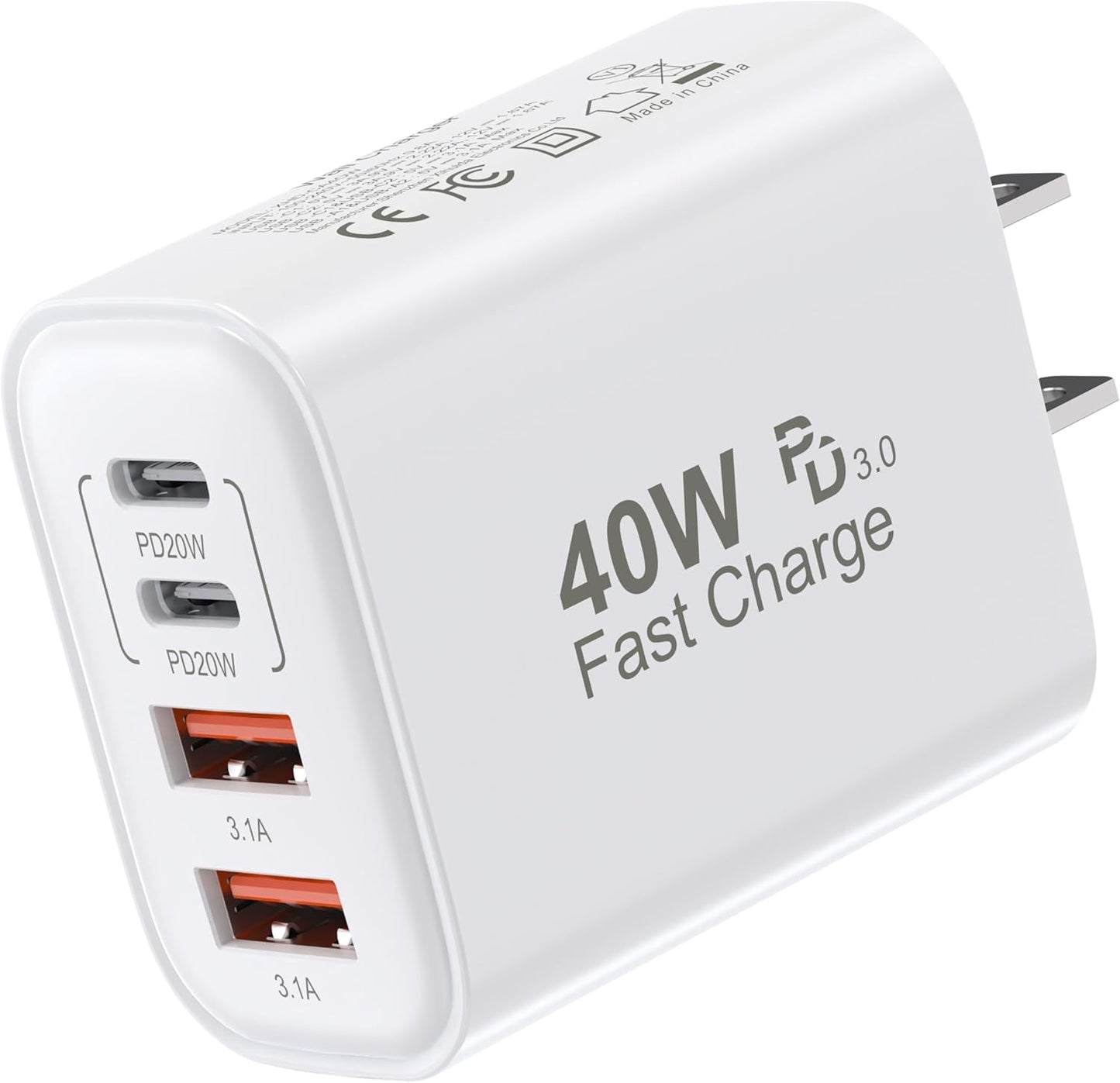 TT&C USB C Block 40W, 4 Ports Wall Plug Fast Charging Block, PD+QC Multiport Power Adapter USB C Charger Type C for iPhone 16,15,14,13,12,11, Pro Max, X, Xr, Xs, 8, Watch, Galaxy Phones (White 1Pack)