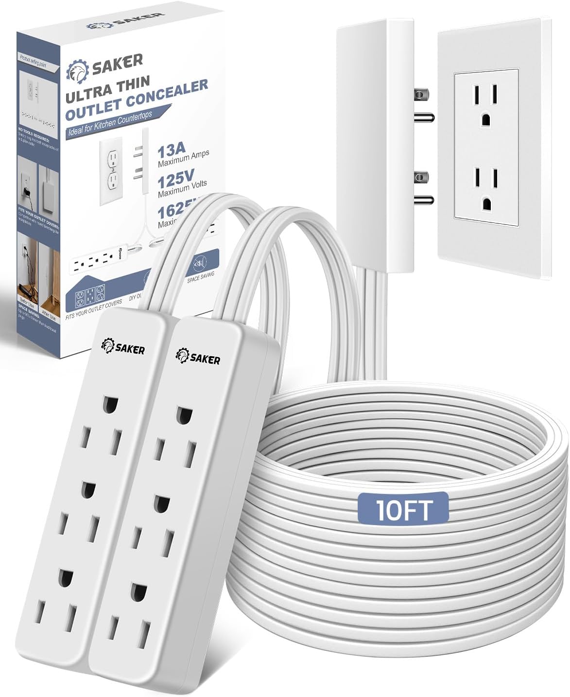 Saker Outlet Cover Extension Cord | 10ft Flat Extension Cord with 3 Outlets,1625W | Universal Size Outlet Concealer | Outlet Cover Baby Proofing for Kitchen, Home and Office(Dual 10ft)
