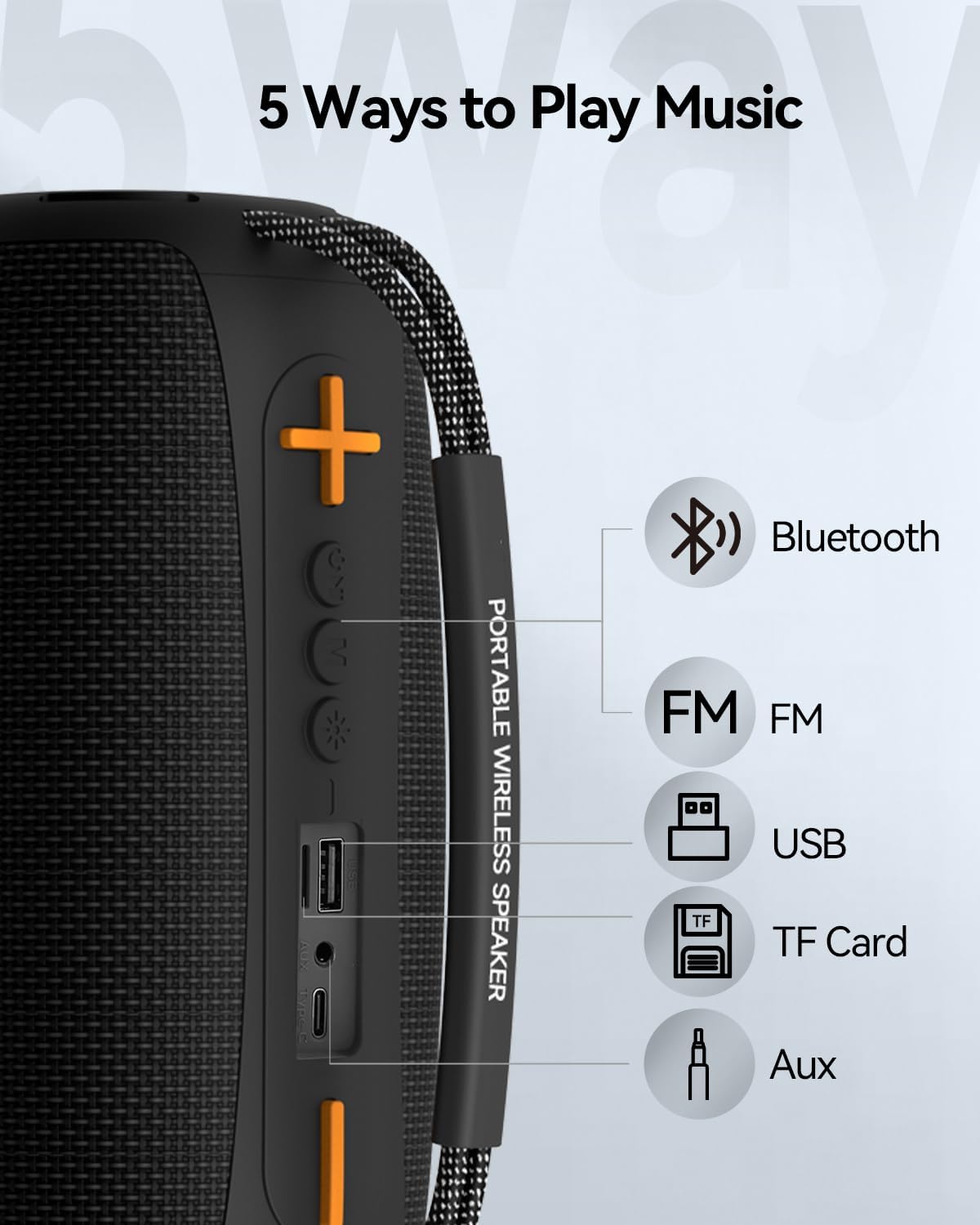 Portable Bluetooth Speaker with Light, Loud Sound and Deep Bass, IPX6 Waterproof, Up to 18H Playtime, TWS Pairing, Support Bluetooth/AUX/USB/TF Card for Home, Party, Outdoor and Travel (Black)