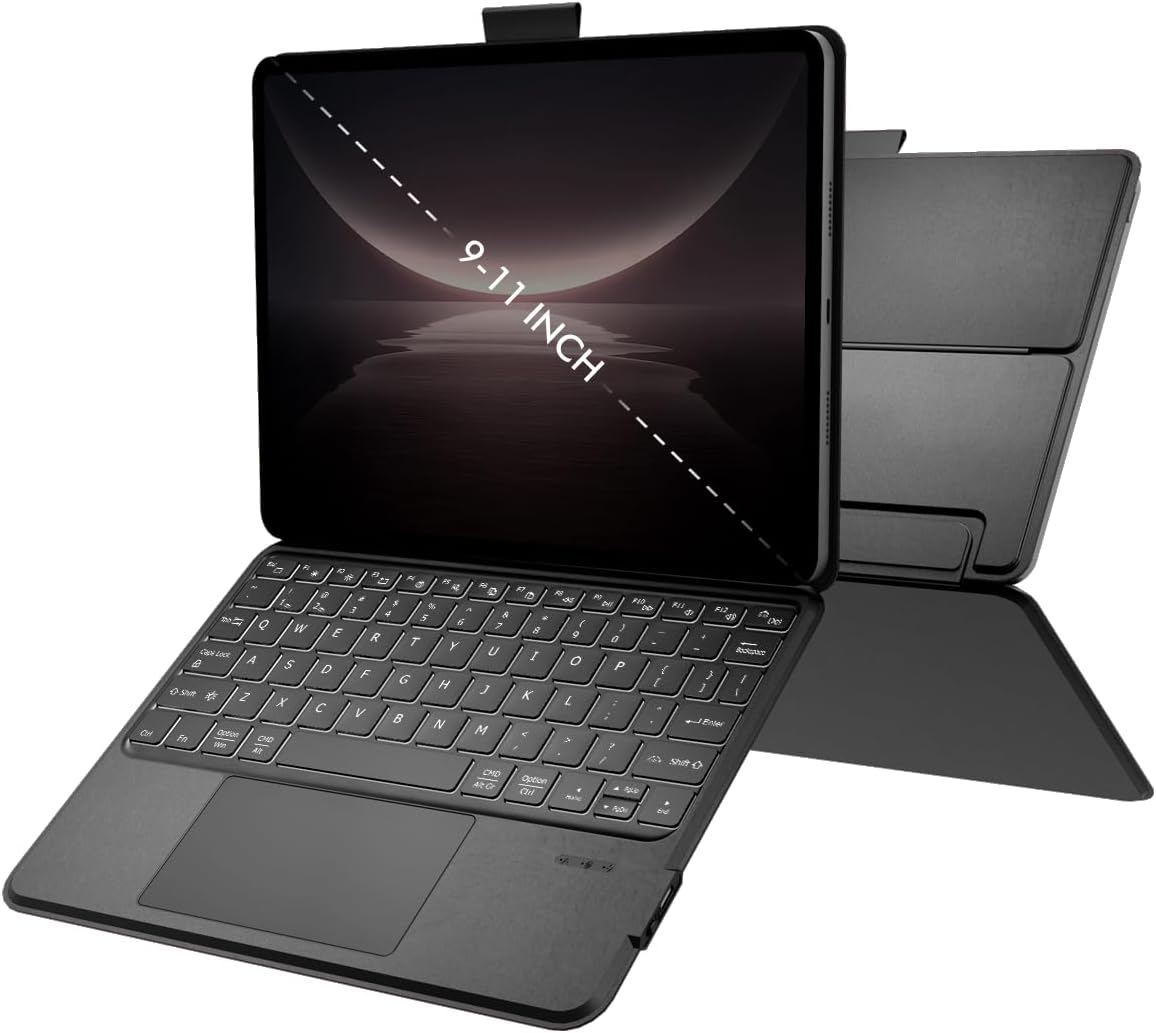 Universal Keyboard Case for 9-11 Inch Tablets, Bluetooth Detachable Keyboard for Android Tablets/iPads/Galaxy Tabs, Magnetic Backlit Keyboard with Washable Adhesive Mount & Any-Angle Stand & Trackpad