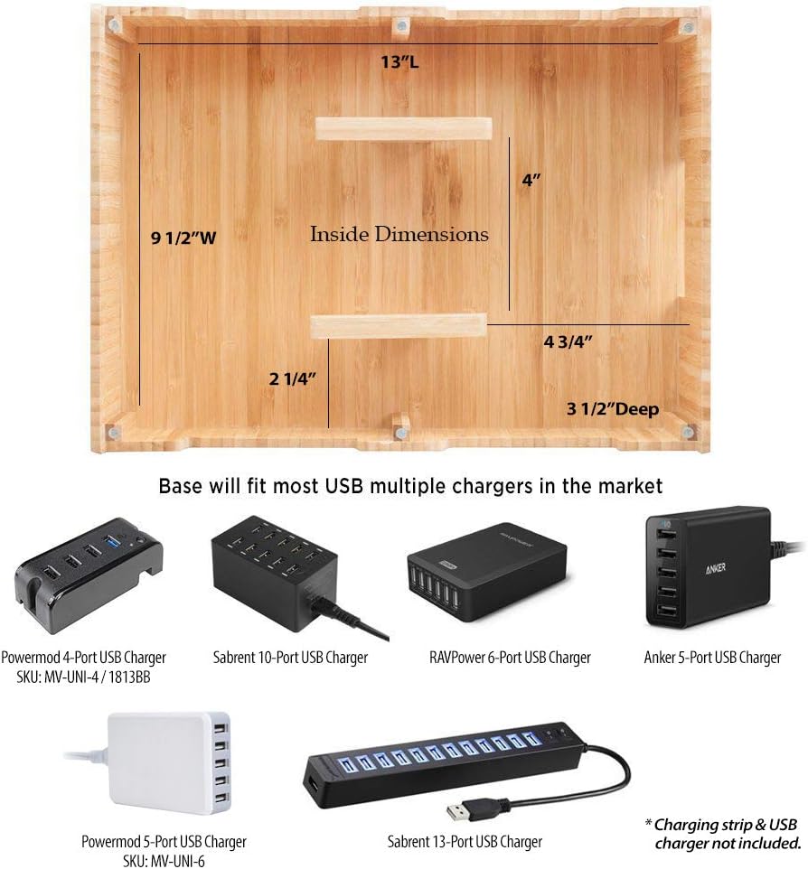 MobileVision Bamboo 10-Port Charging Station & Docking Organizer for Smartphones & Tablets, Family-Sized, for use in Corporate Offices & Classrooms