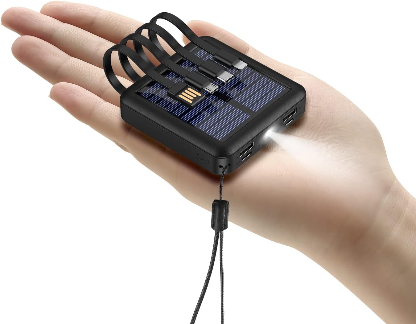 Solar Power Bank 12000mAh,Small Solar Charger Built in 4 Cables,USB C Input/Output,Dual Flashlight External Battery Portable Charger Power Bank for iPhone,Tablet,Samsung