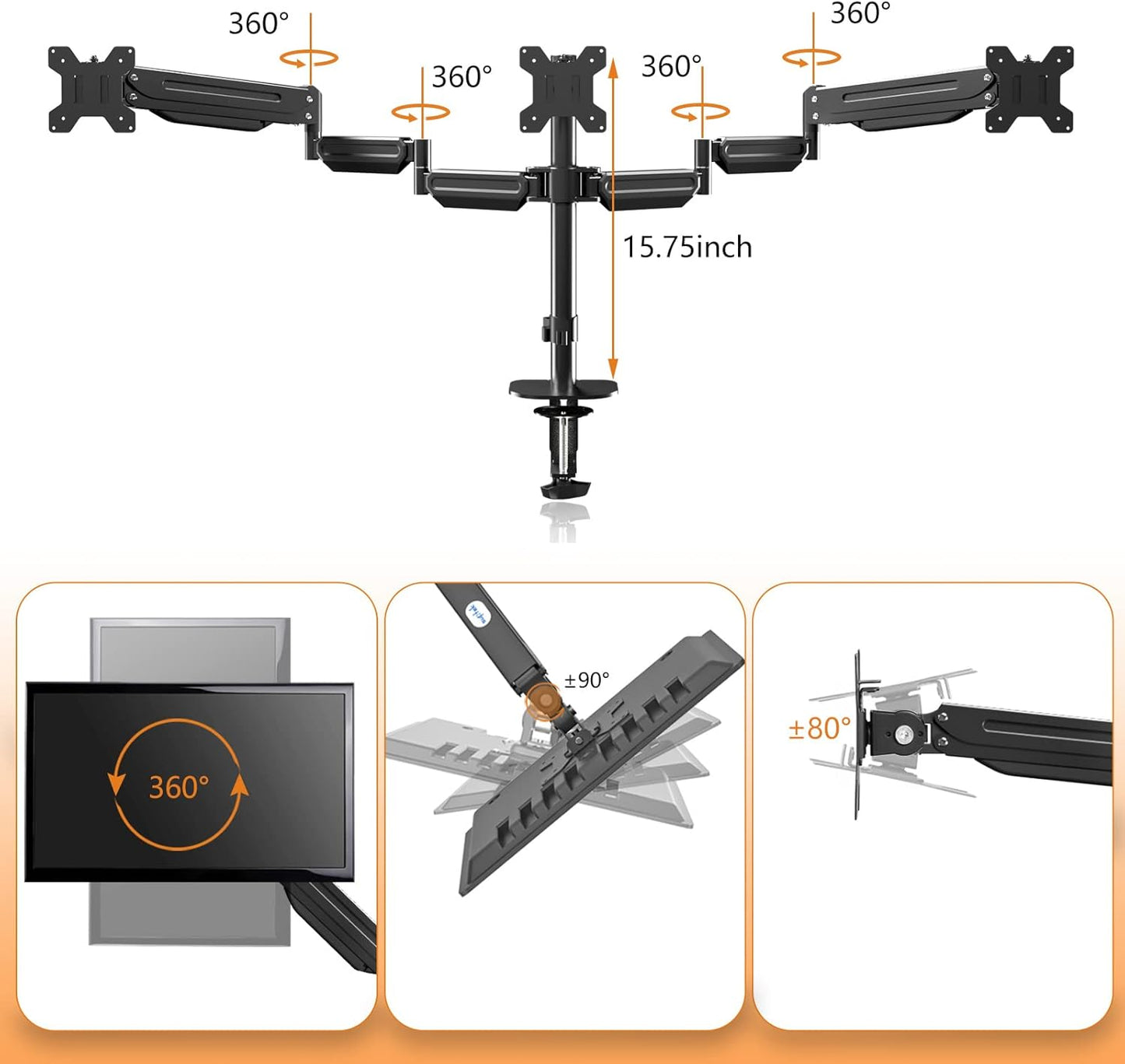 Pholiten Triple Monitor Desk Mount,Triple Gas Spring Monitor Arm for 17-32 inch LCD Computer Screens,Holds up to 22lb,Swivel, Tilt, Rotation, Clamp & Grommet Kit