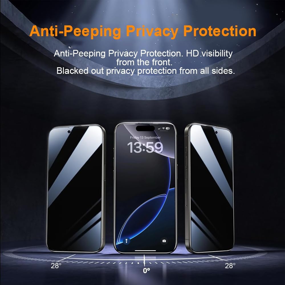 OneFish Privacy Screen Protector for IPhone 16e/14/13/13Pro Anti-Spy Tempered Glass Dust-Free Bubble-Free Anti-Fingerprint 9H Scratch Protection & Hassle-Free Installation Frame [2-Pack]