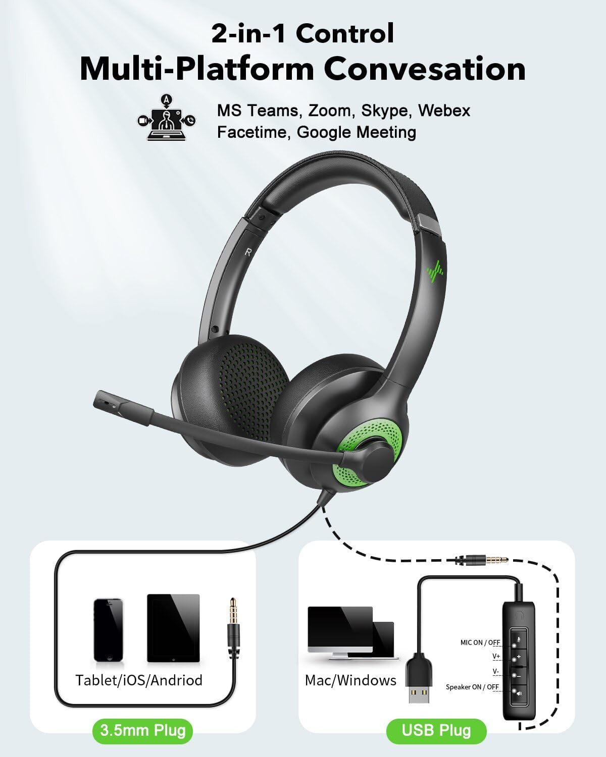 USB Headset with Mic for PC, On-Ear Computer Laptop Headphones with Noise Cancelling Microphone in-line Control for Home Office Online Class (USB+3.5mm, Green)