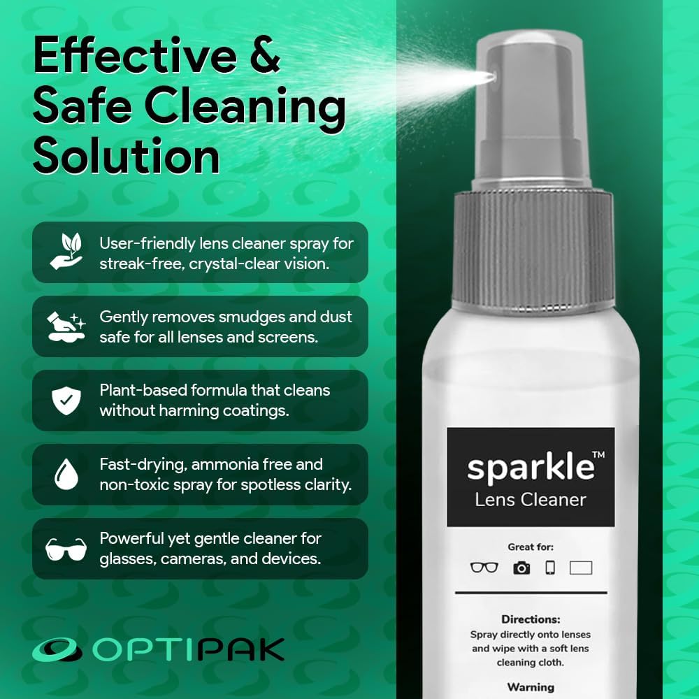 Sparkle Anti-Reflective Lens Cleaner Spray kit | (1) 2oz Glasses Cleaner Spray + (1) Microfiber Cloth for Eyeglasses, Sunglasses, Lenses, Screens and Camera Cleaning Kit (2 Piece Set)