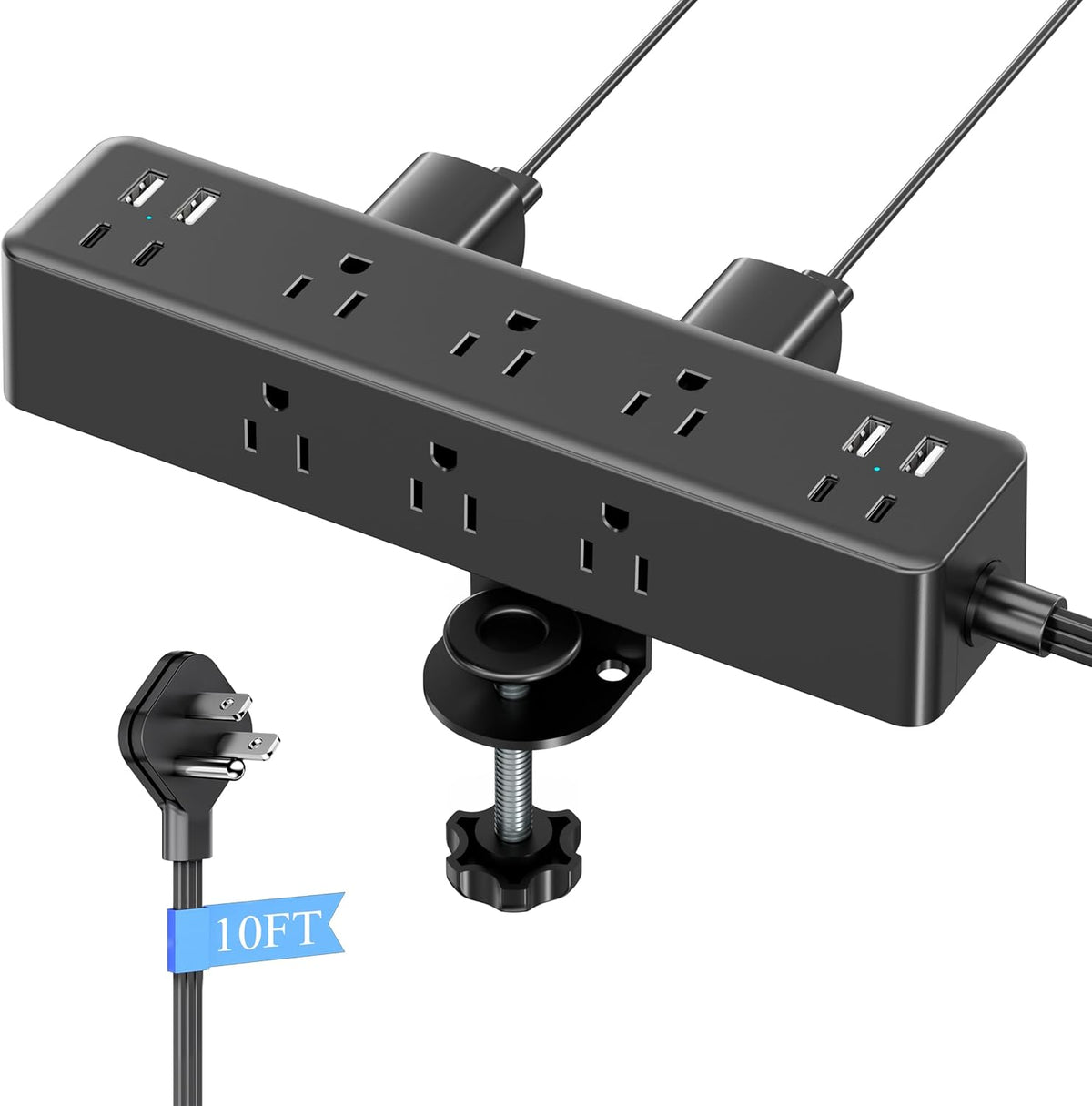 Flat Plug Desk Clamp Power Strip 10FT, 24W Total Charging Station, Desk Edge Mount Power Strip 9 AC Outlets 8 USB Ports Surge Protector, Fit 1.7" Tabletop Edge, Home Office Accessories