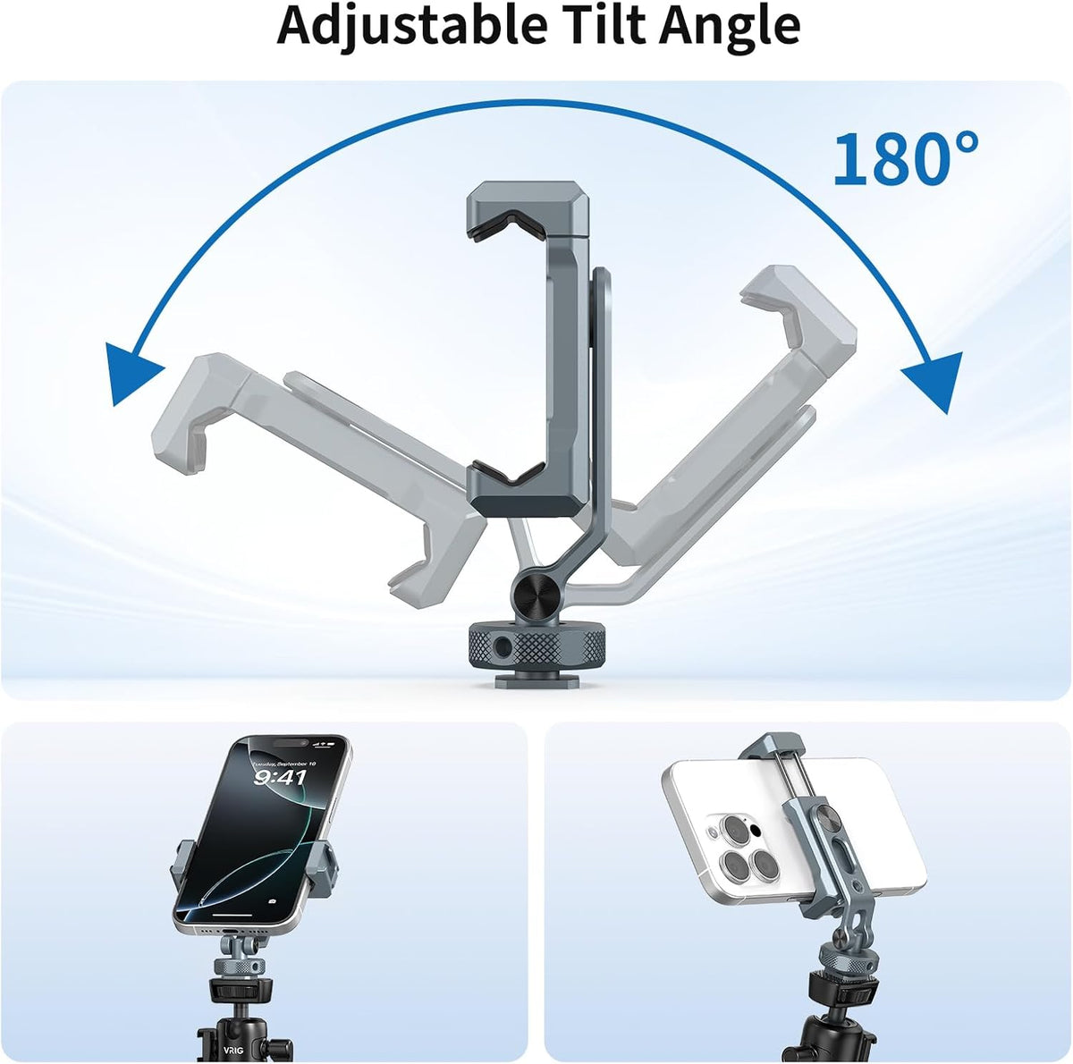 VRIG PH-18 Metal Phone Tripod Mount with Cold Shoe & 1/4"-20 Screw Holes, 360° Rotation Horizontal & Vertical Shooting, Adjustable Angle Smartphone Holder Tripod Adapter for iPhone, for Samsung