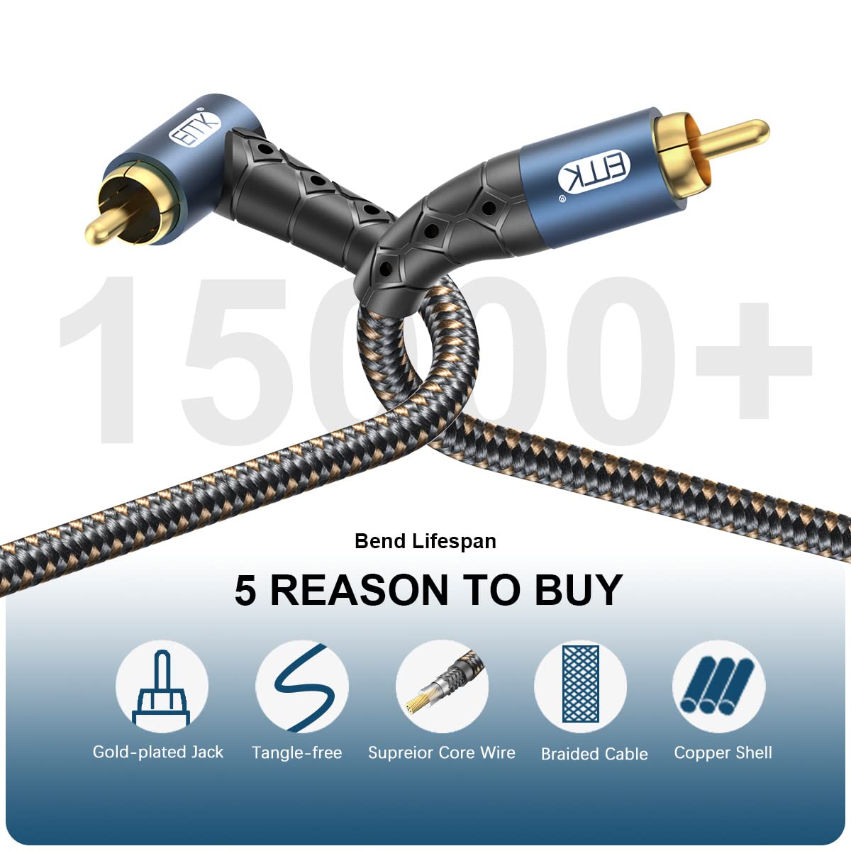 EMK RCA Subwoofer Cable 90 Degree RCA to RCA Audio Cable 24K Gold-Plated Nylon Braided Double Shielded Digital Analogue Supports Amplifiers,Home Theater,Hi-Fi Systems,Subwoofer(30ft/10m)