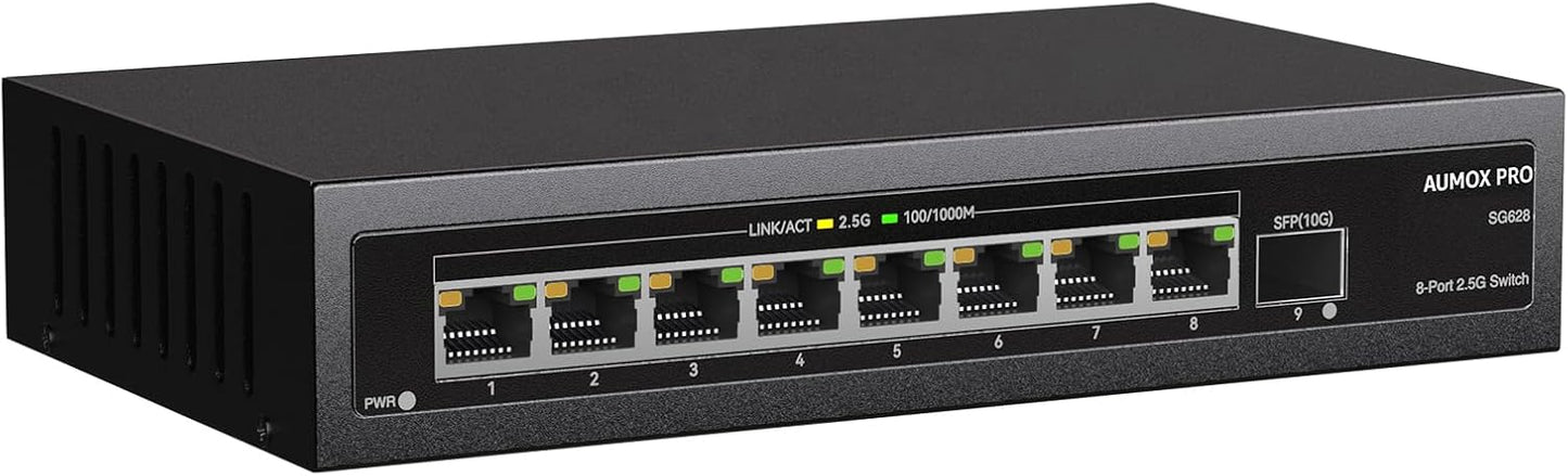 9 Port 2.5Gb Unmanaged Ethernet Switch with 8* 2.5G Base-T Ports, 1*10G SFP Ports, AUMOX PRO 60Gbps Switching Capacity Compatible with 100/1000/2500Mbps Plug and Play