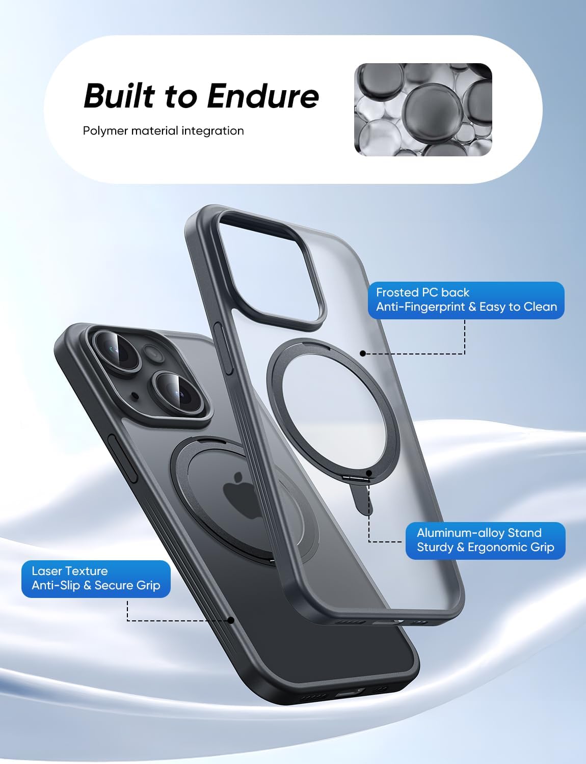 MAGIC JOHN 360° Rotatable Magnetic Invisible Stand for iPhone 14/iPhone 13 Case [Anti-Slip Grip] [Compatible with MagSafe] 16FT Shockof for iPhone 14/13 Case with Kickstand, Black