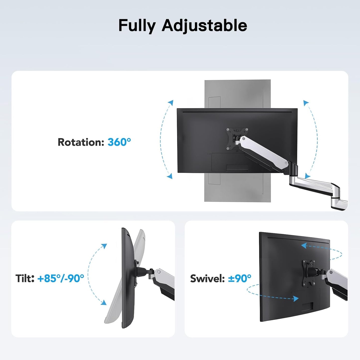 HUANUO Triple Monitor Stand - Full Motion Articulating Monitor Mount Fit Three 17 to 32 inch Flat/Curved LCD Computer Screens with Clamp, Grommet Kit, Silver