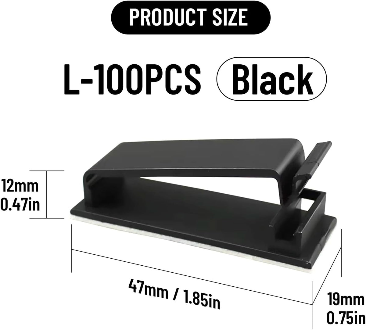 Adhesive Cable Clips Holder, Outdoor Light Clips, Black Cord Wire Clips, Sturdy Nylon Cord Wall Finisher Wire Clamp for Home, Car, Office Desk Wire Management (Black, L-100 PCS)