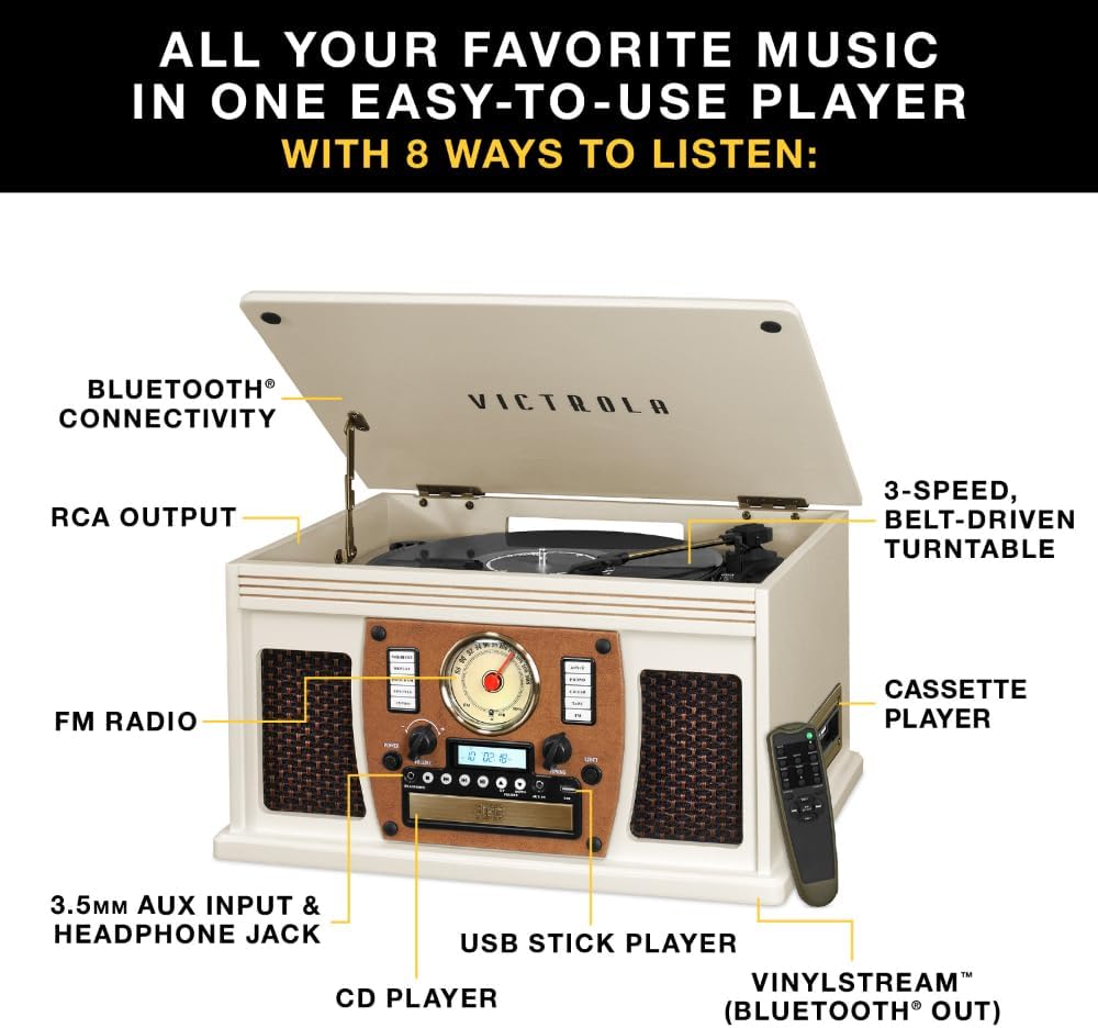 Victrola Navigator 8-in-1 Bluetooth Record Player with Built-in Speakers – 3 Speed Turntable, CD Player, Cassette, FM Radio, USB, RCA Out, Headphone Jack, Wireless Music Streaming, Real Wood (Black)