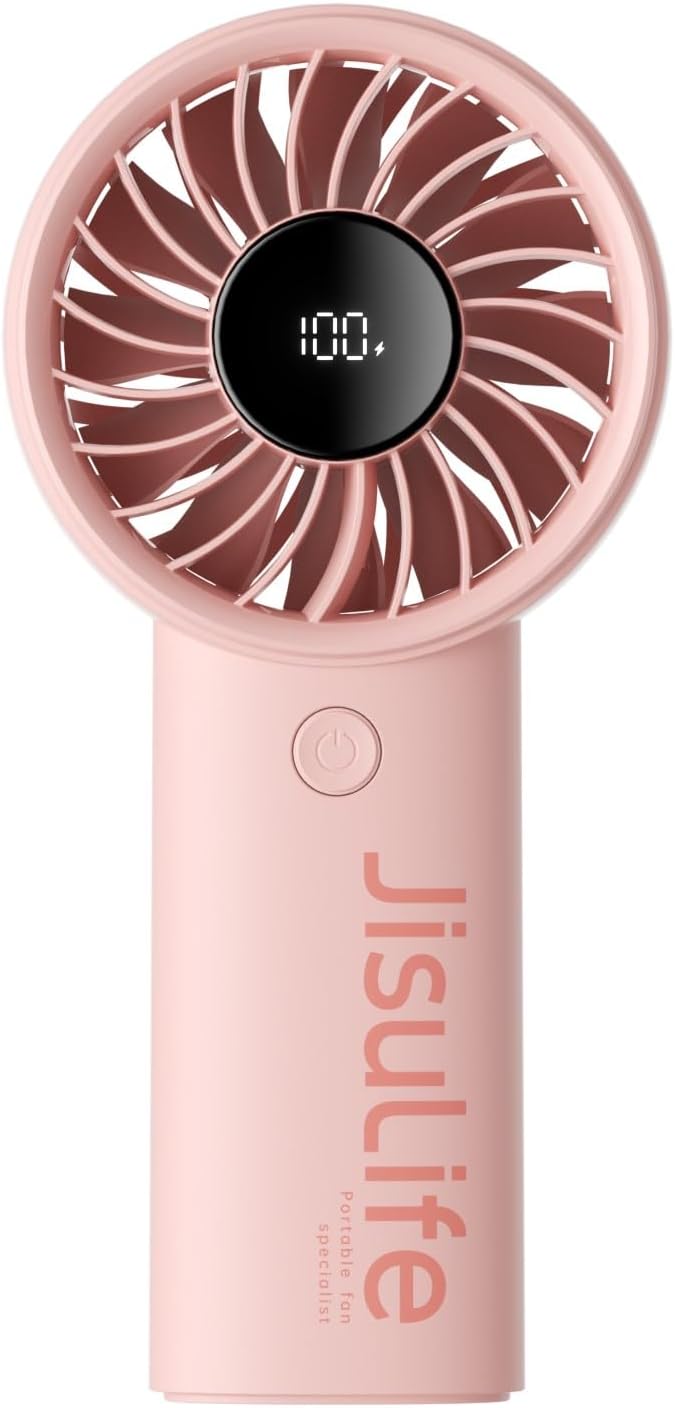 JISULIFE Handheld Portable Fan with Powerful Motor,LED Display,3600mAh Battery,5 Wind Speeds,Lanyard; Summer Essentials USB Rechargeable Hand held Fan for Travel,Beach,Makeup,Concerts-Pink