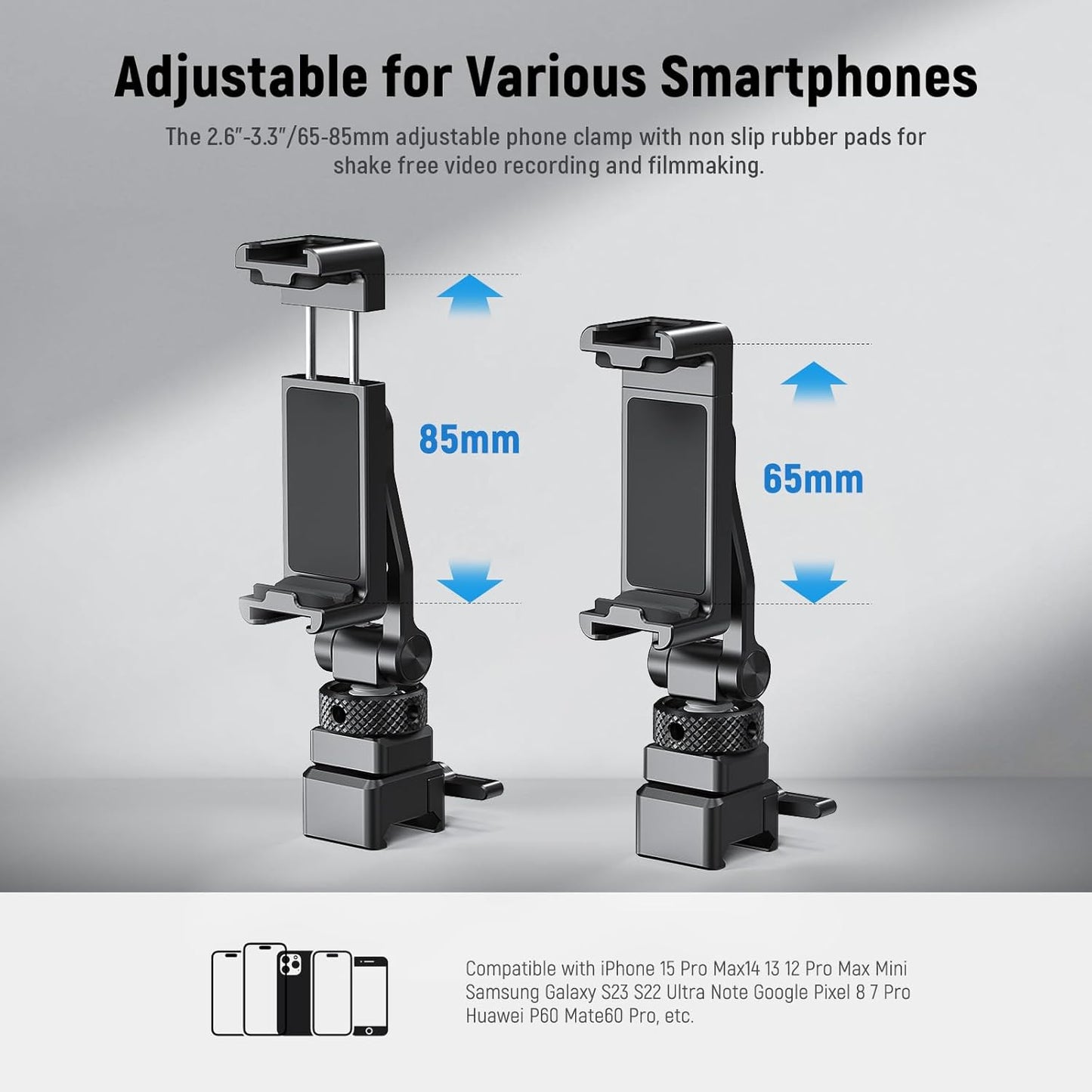 Neewer Metal Phone Tripod Mount with Cold Shoe Mount NATO Clamp Compatible with DJI RS4 RS3 Pro RS2 RSC2 Gimbal Stabilizer, 180° Tilt Phone Clip Holder Compatible with iPhone 15 Pro Camera Cage, GA010
