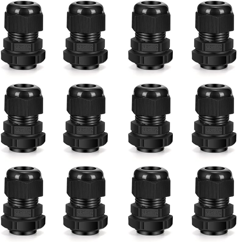 Cable Gland 12 Pack 1/2" NPT Waterproof Adjustable Connector Strain Relief Cord Connectors Joints Nylon with Gaskets…