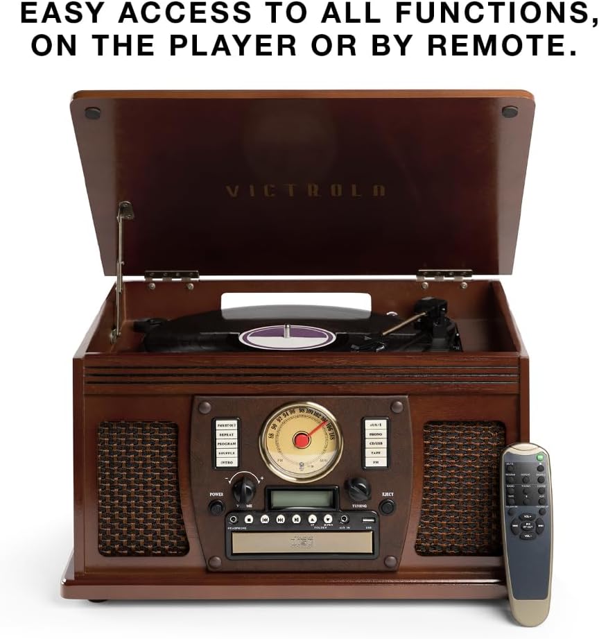 Victrola Navigator 8-in-1 Bluetooth Record Player with Built-in Speakers– 3 Speed Turntable, CD Player, Cassette, FM Radio, USB, RCA Out, Headphone Jack, Wireless Music Streaming, Real Wood (Mahogany)