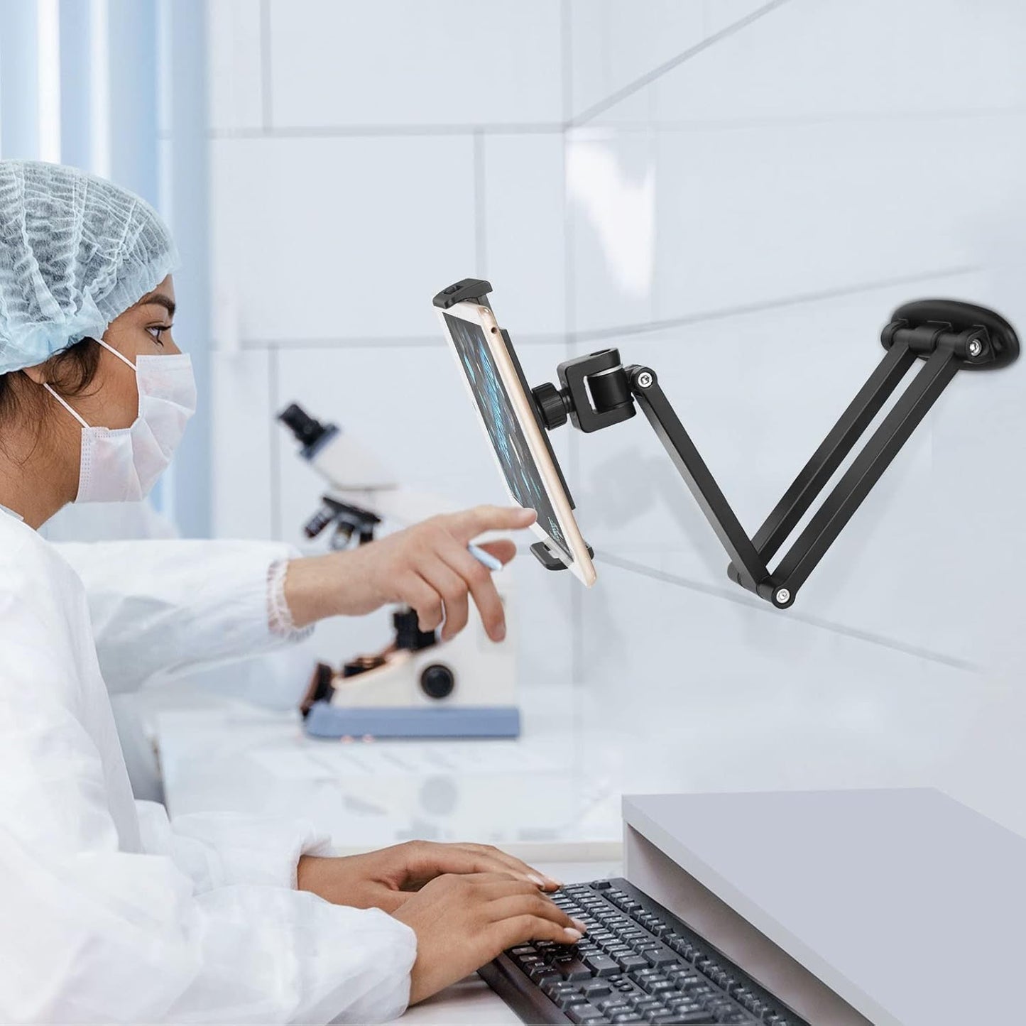 Tablet Wall Mount with Adjustable Long Arm Hinge 360° Swivel Bracket for 4.7 to 12.9 inch Tablet or Phone（Black）