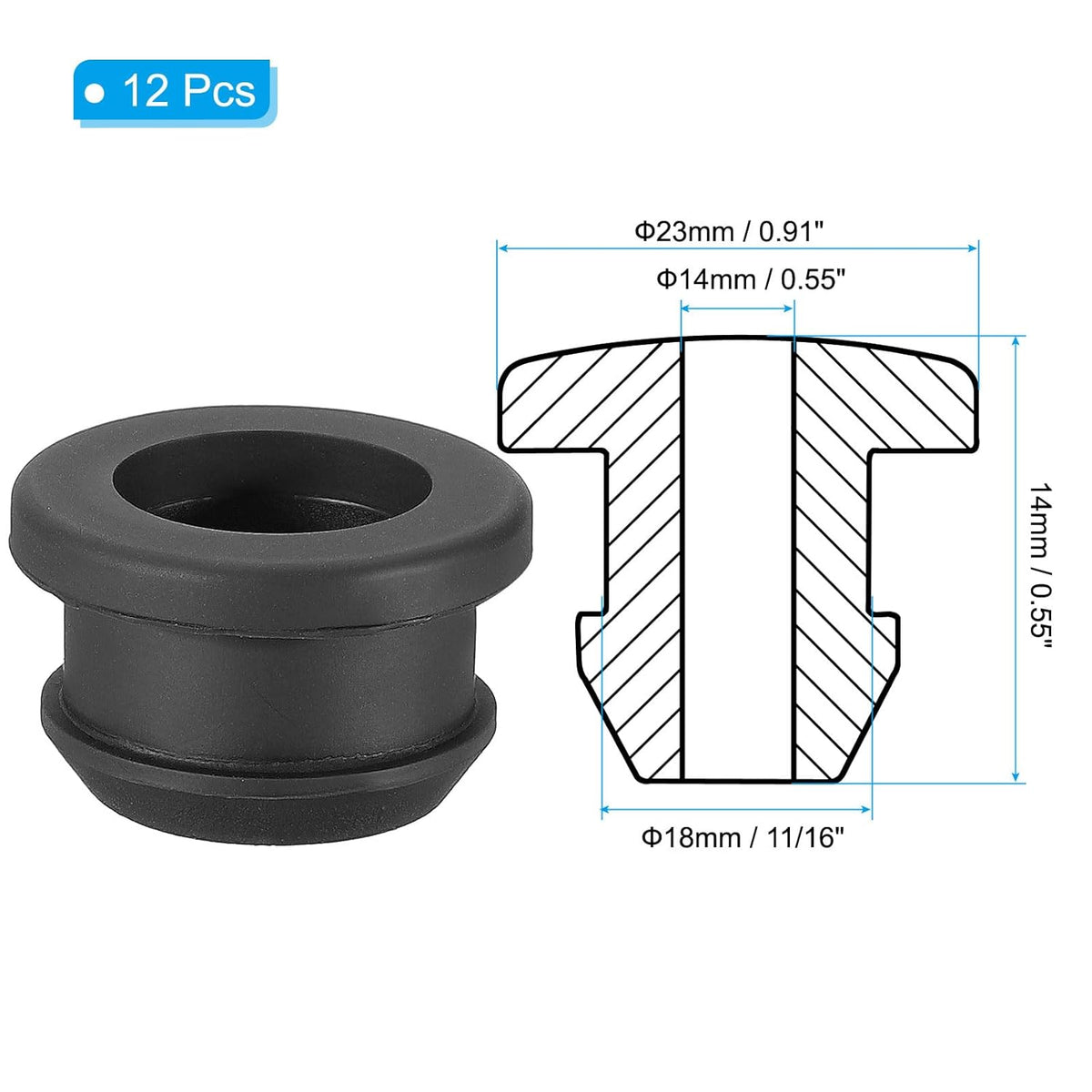 PATIKIL 18mm / 11/16 Inch Drill Hole,9/16 Inch ID Rubber Grommets, 12Pcs Top Hat Grommet for Wiring Eyelet Ring Gasket Automotive Firewall Cable Hole Plugs Wires Protection, Black