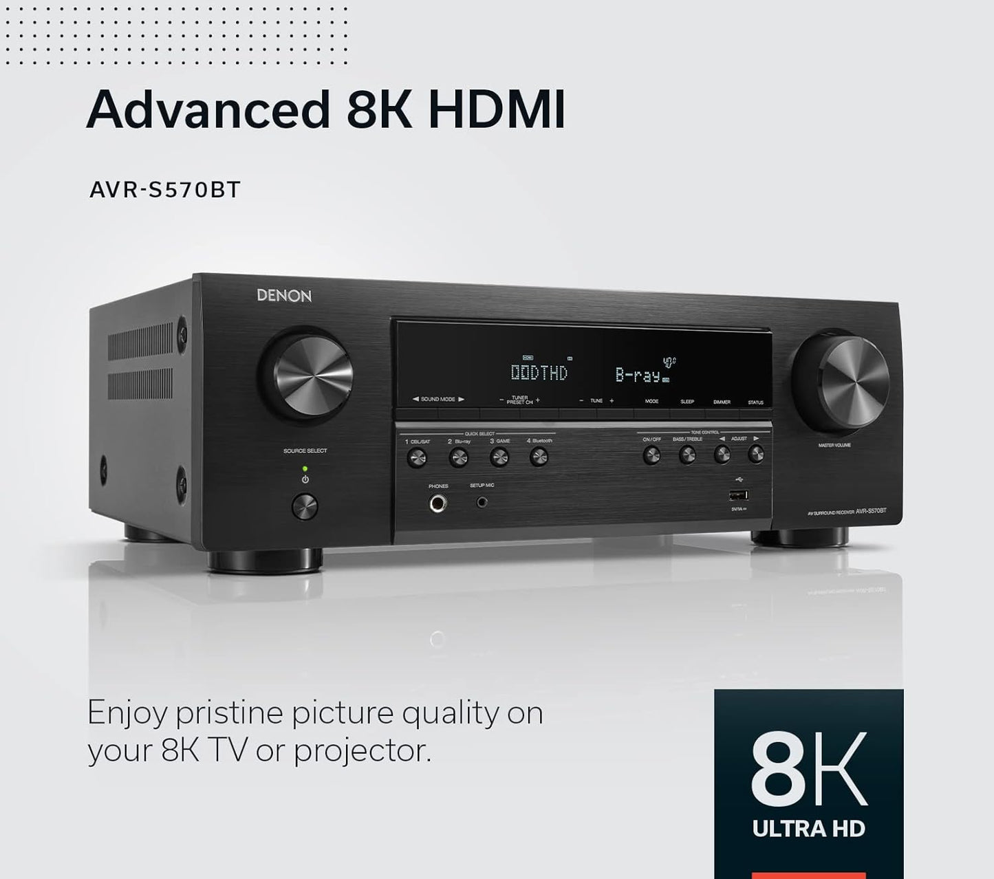 Denon AVR-S570BT 5.2 Channel AV Receiver - 8K Ultra HD Audio & Video, Enhanced Gaming Experience, Wireless Streaming via Built-in Bluetooth, (4) 8K HDMI Inputs, Supports eARC, HD Setup Assistant