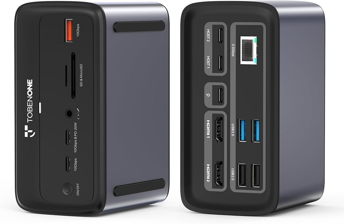 TobenONE MacBook Docking Station Dual 4K@60Hz, 16-in-2 USB C Docking Station with 2 HDMI Ports, 7 USB Ports, 100W GaN Power Supply & 20W Charging, 2.5Gbps Ethernet, for Home & Office