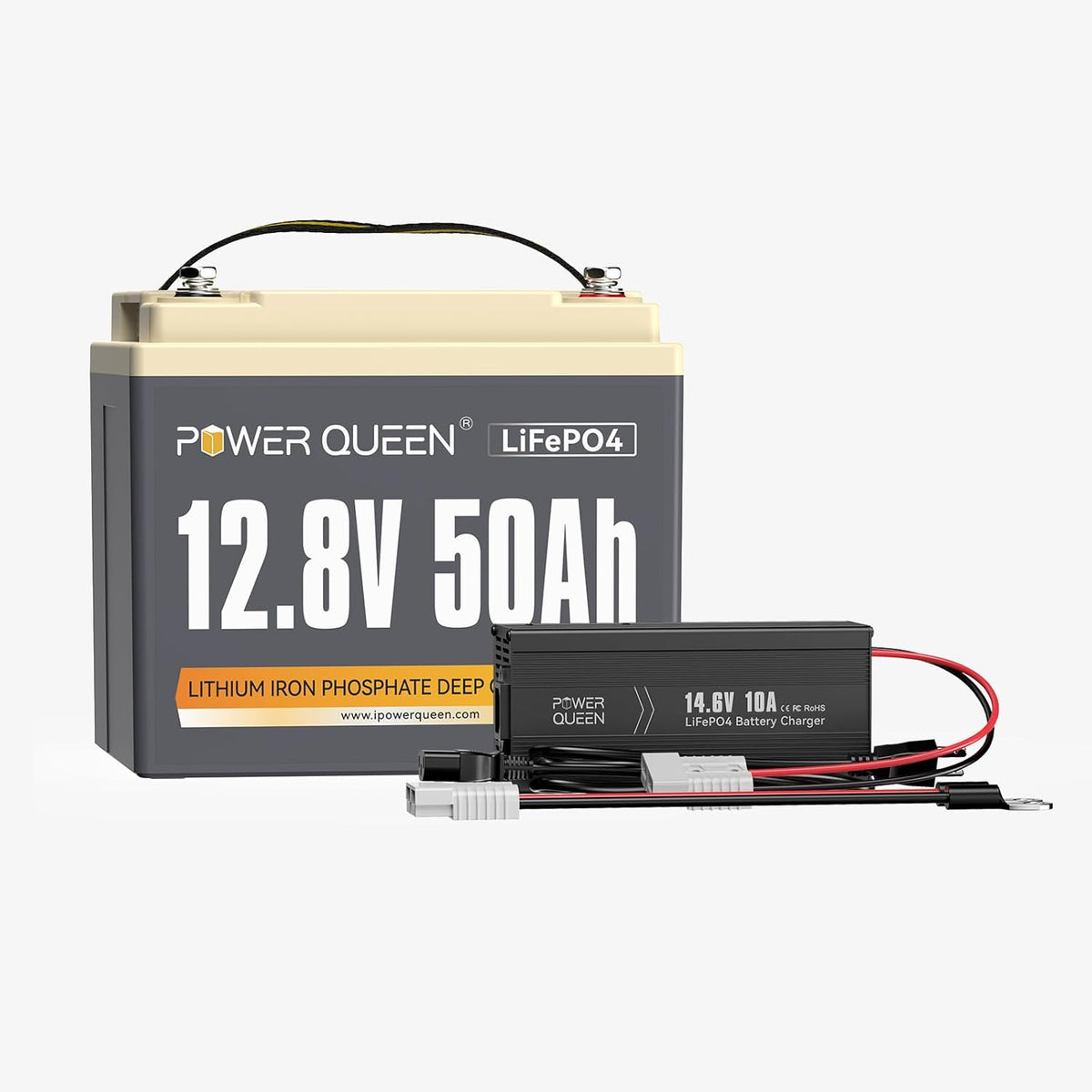 Power Queen 12V 50Ah LiFePO4 Battery with 14.6V 10A LiFePO4 Battery Charger, Built-in 50A BMS, Fast and Fully Charged, 15000+ Cycles, Perfect for Kayak Trolling Motor, RV Trailer, Solar Application