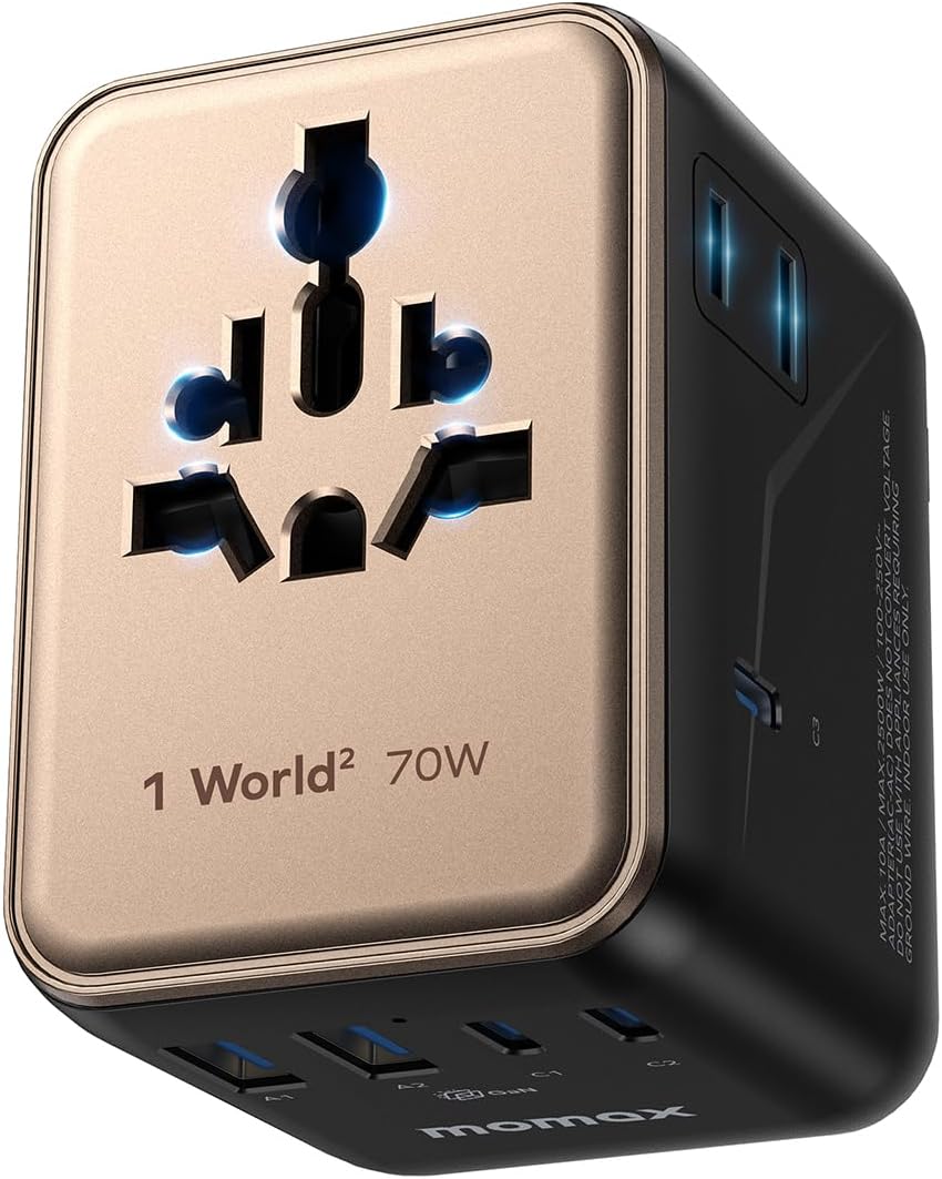MOMAX Mini Universal Travel Adapter, GaN 70W International Power Adapter, 2 AC, 3 USB-C PD Fast Charging & 2 USB-A QC, Travel Essentials for All European Travel Plug Adapter UK AUS JP