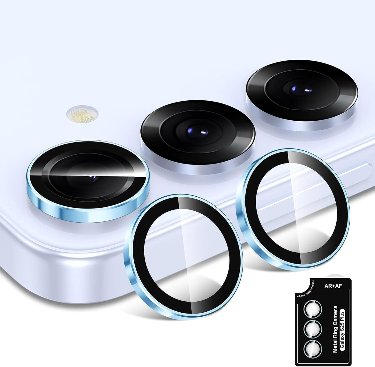 for Samsung Galaxy S25 Plus Camera Lens Protector, Individual Metal Ring Tempered Glass Lens Cover, [Strong Adsorption] Scratch Resistant Ultra-Thin HD Clear Lens Cover, 1 Set-Blue Ring